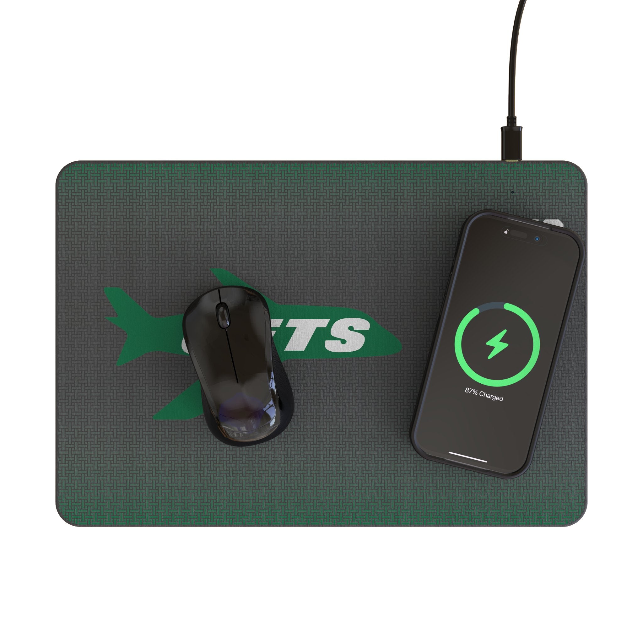 New York Jets 1963 Historic Collection Linen 15-Watt Wireless Charger and Mouse Pad Lifestyle.Jpg