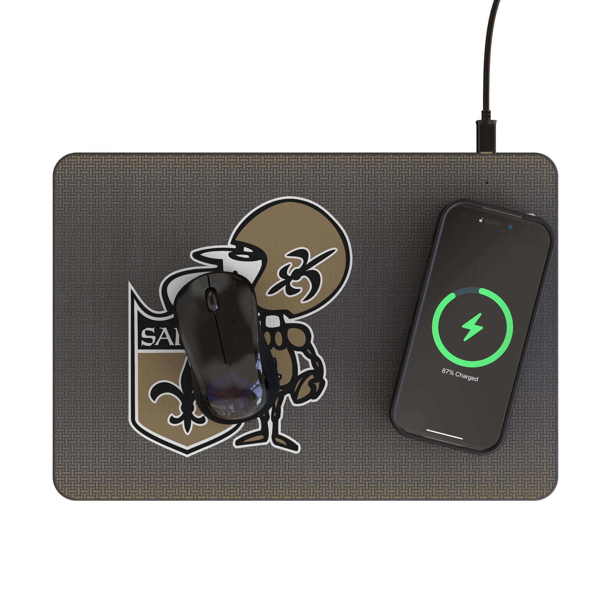 New Orleans Saints Historic Collection Linen 15-Watt Wireless Charger and Mouse Pad Lifestyle.Jpg