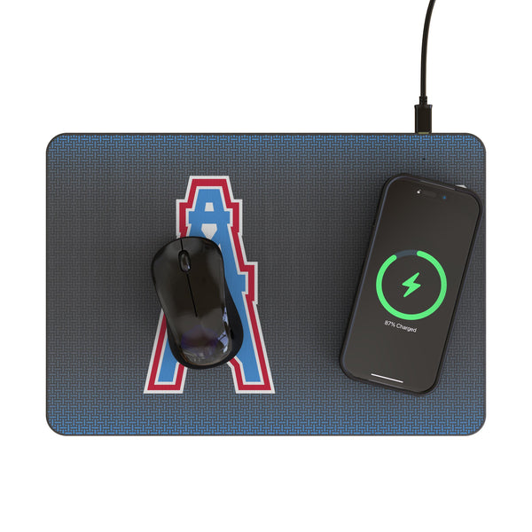 Houston Oilers Historic Collection Linen 15-Watt Wireless Charger and Mouse Pad Lifestyle.Jpg