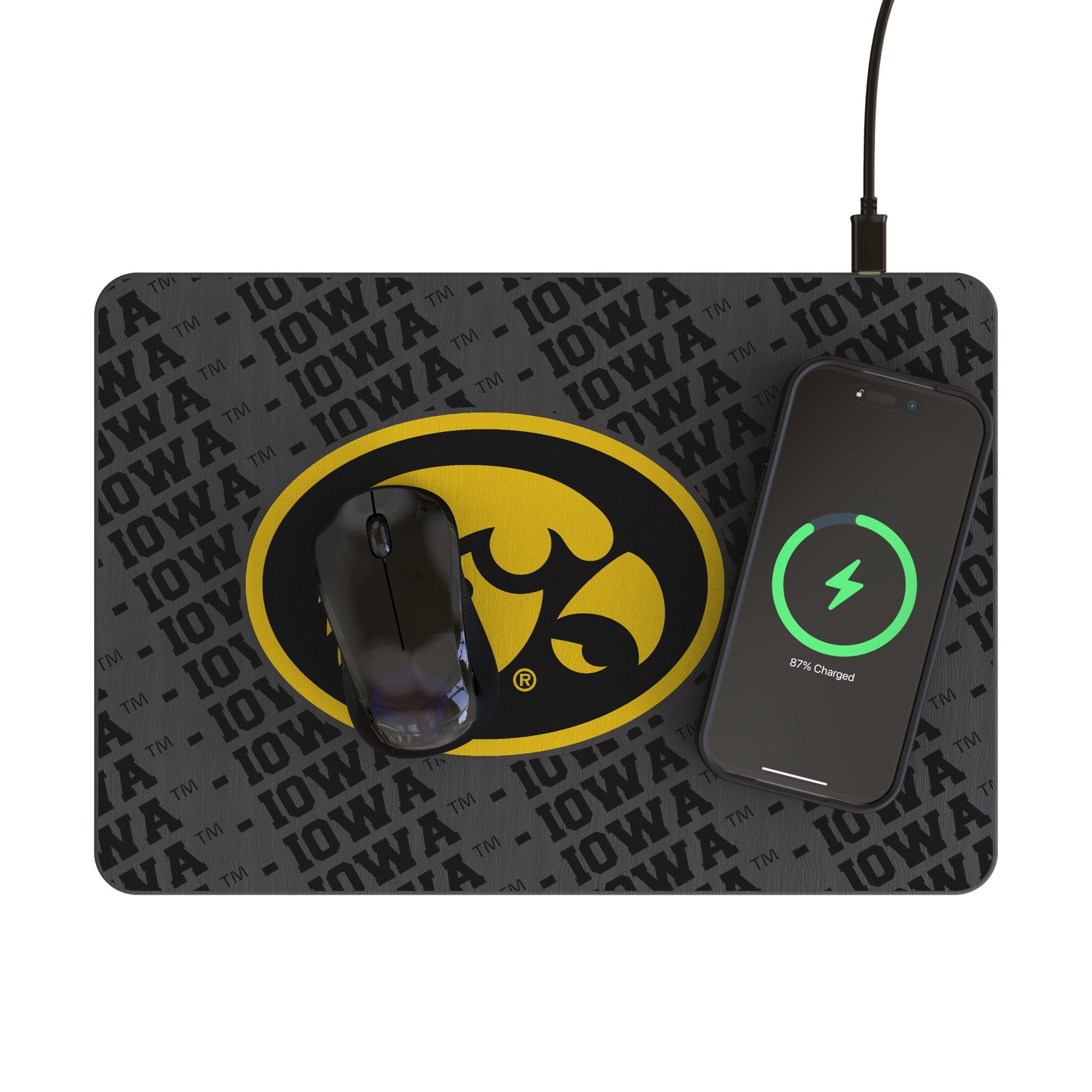 University of Iowa Hawkeyes Monocolor Tilt 15-Watt Wireless Charger and Mouse Pad Lifestyle.Jpg