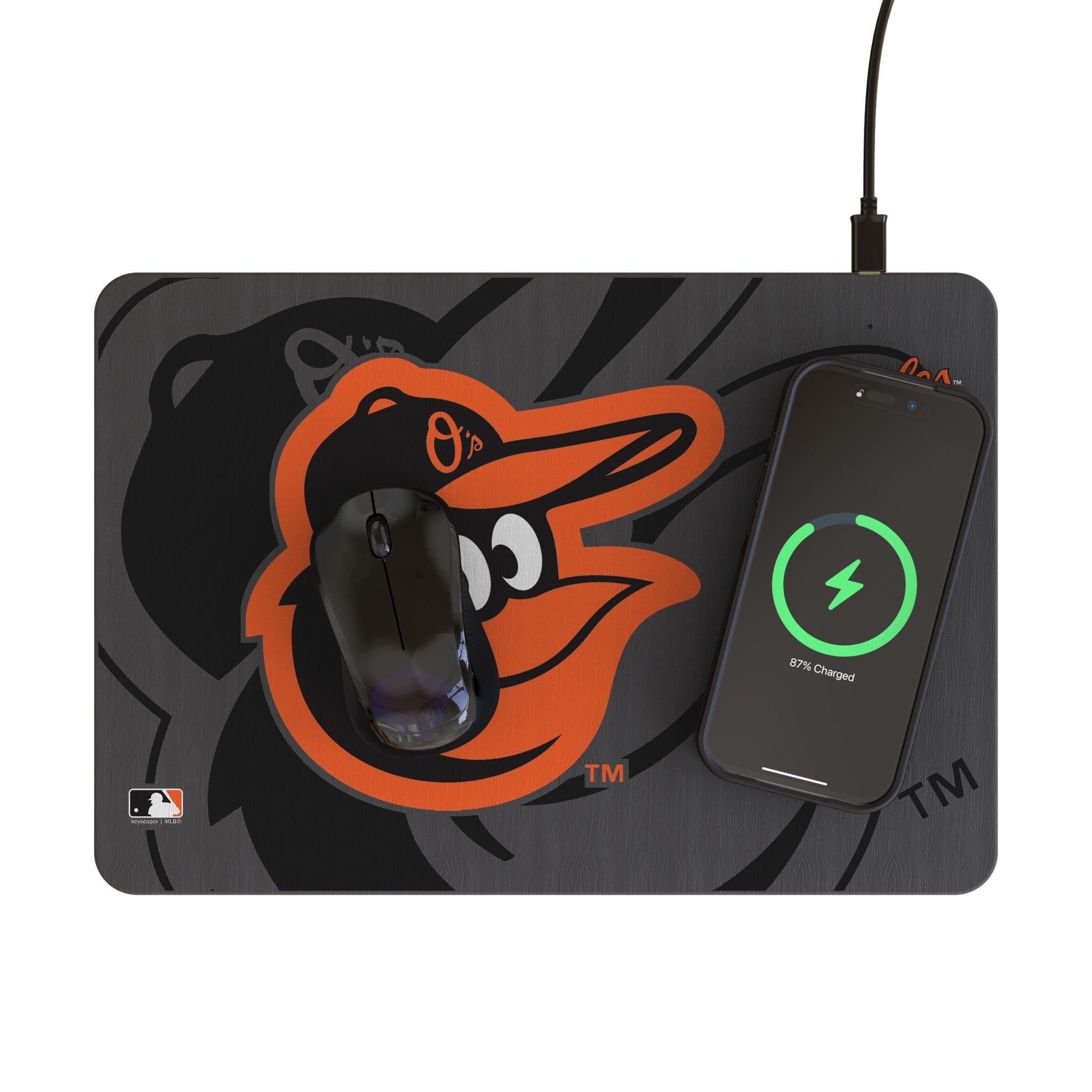 Baltimore Orioles Monocolor Tilt 15-Watt Wireless Charger and Mouse Pad Lifestyle.Jpg