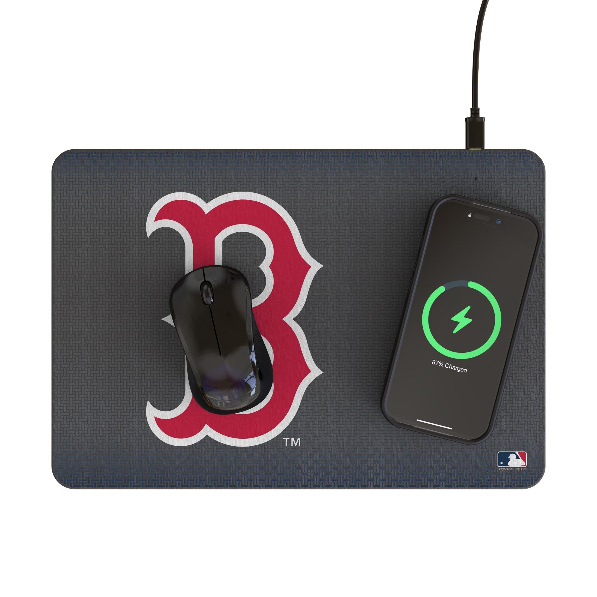 Boston Red Sox Linen 15-Watt Wireless Charger and Mouse Pad Lifestyle.Jpg