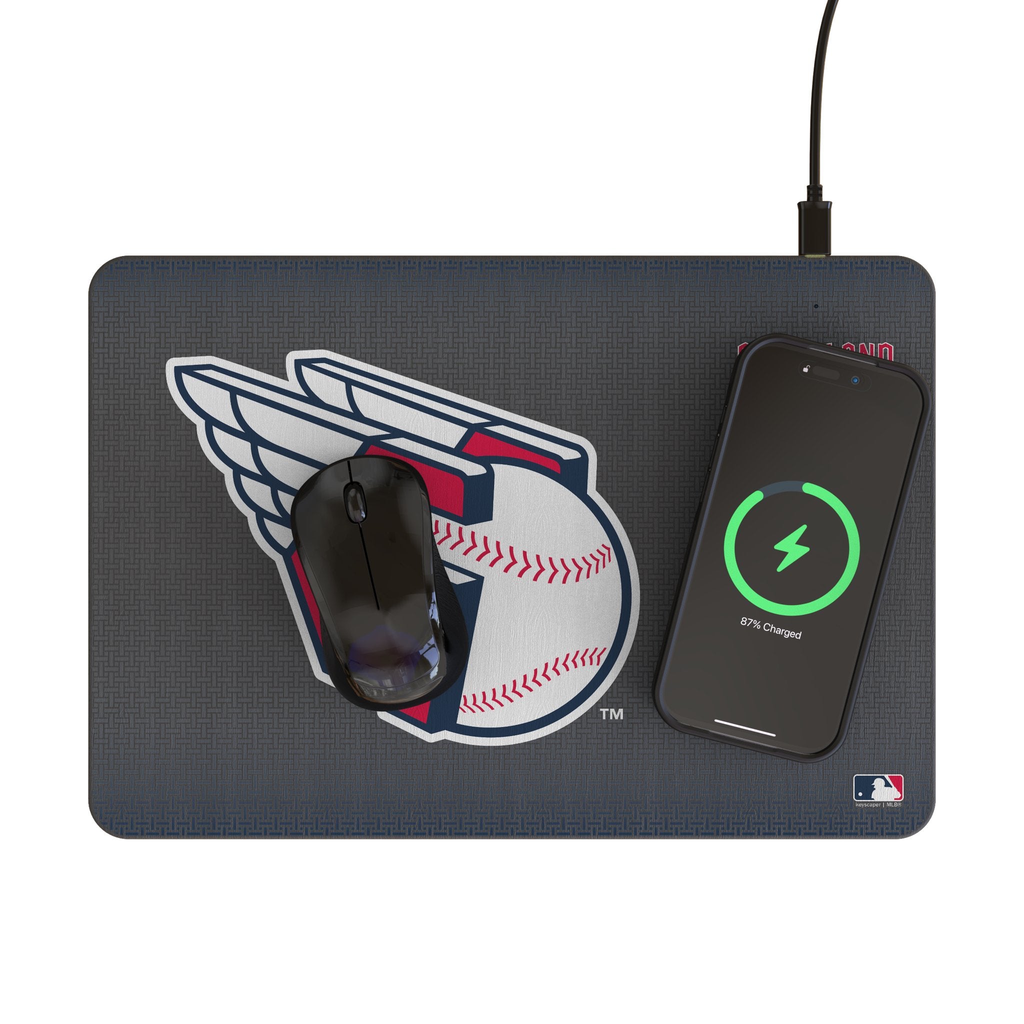 Cleveland Guardians Linen 15-Watt Wireless Charger and Mouse Pad Lifestyle.Jpg
