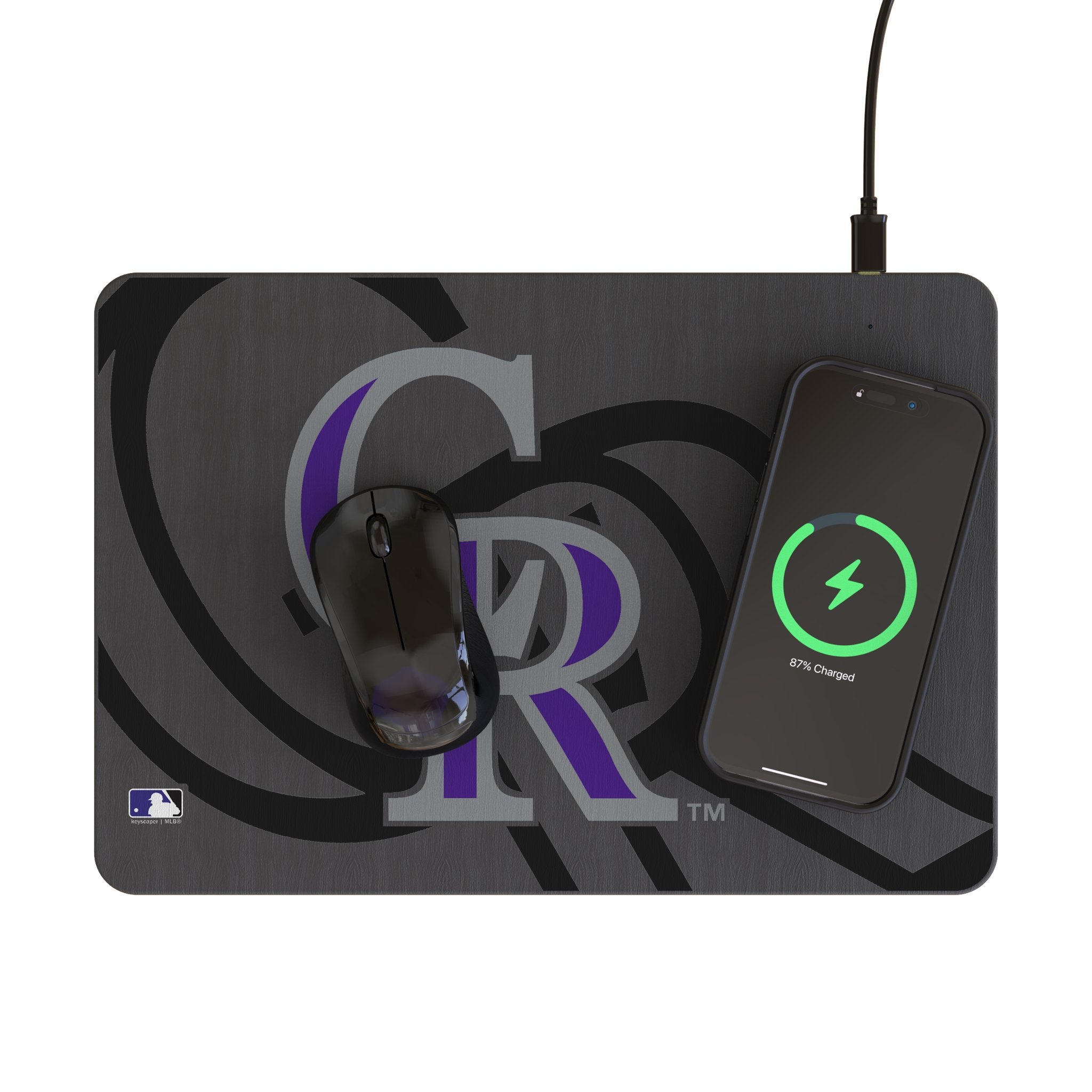 Colorado Rockies Monocolor Tilt 15-Watt Wireless Charger and Mouse Pad Lifestyle.Jpg