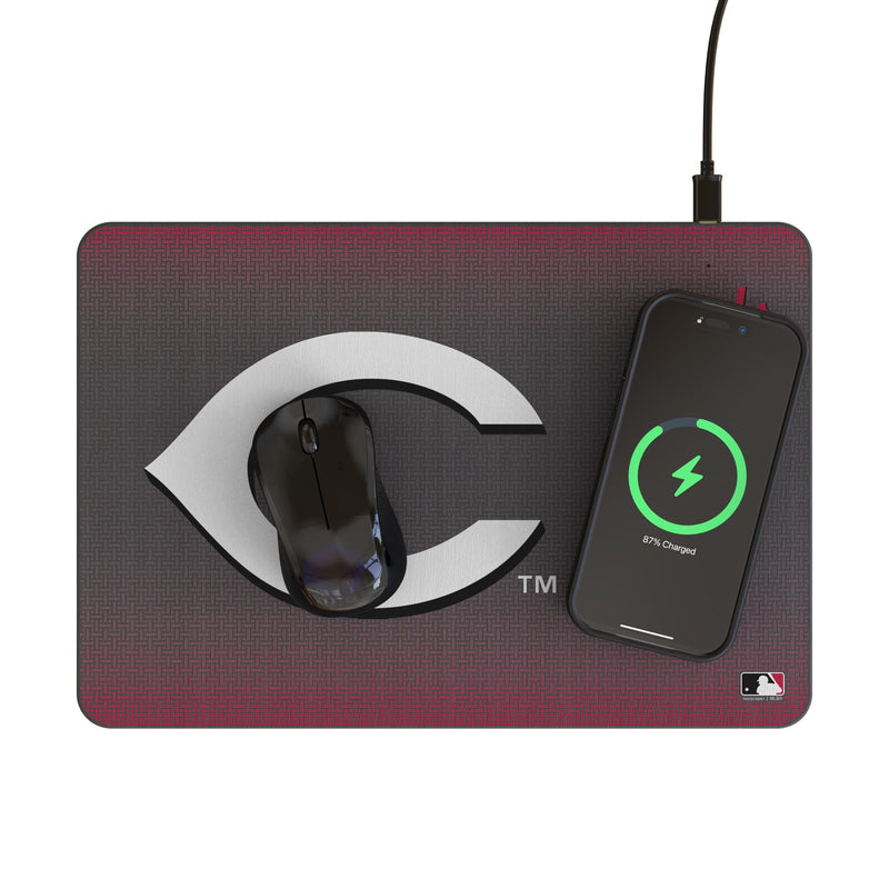 Cincinnati Reds Linen 15-Watt Wireless Charger and Mouse Pad Lifestyle.Jpg