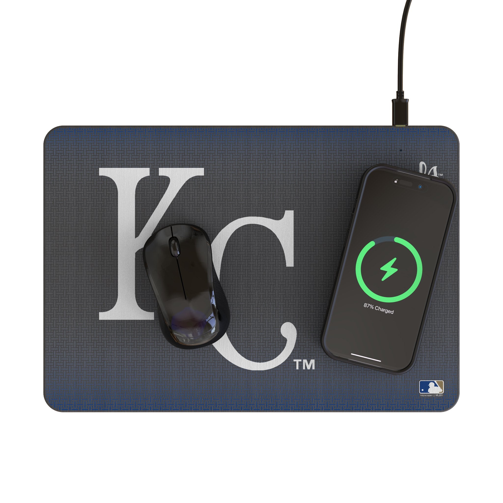 Kansas City Royals Linen 15-Watt Wireless Charger and Mouse Pad Lifestyle.Jpg