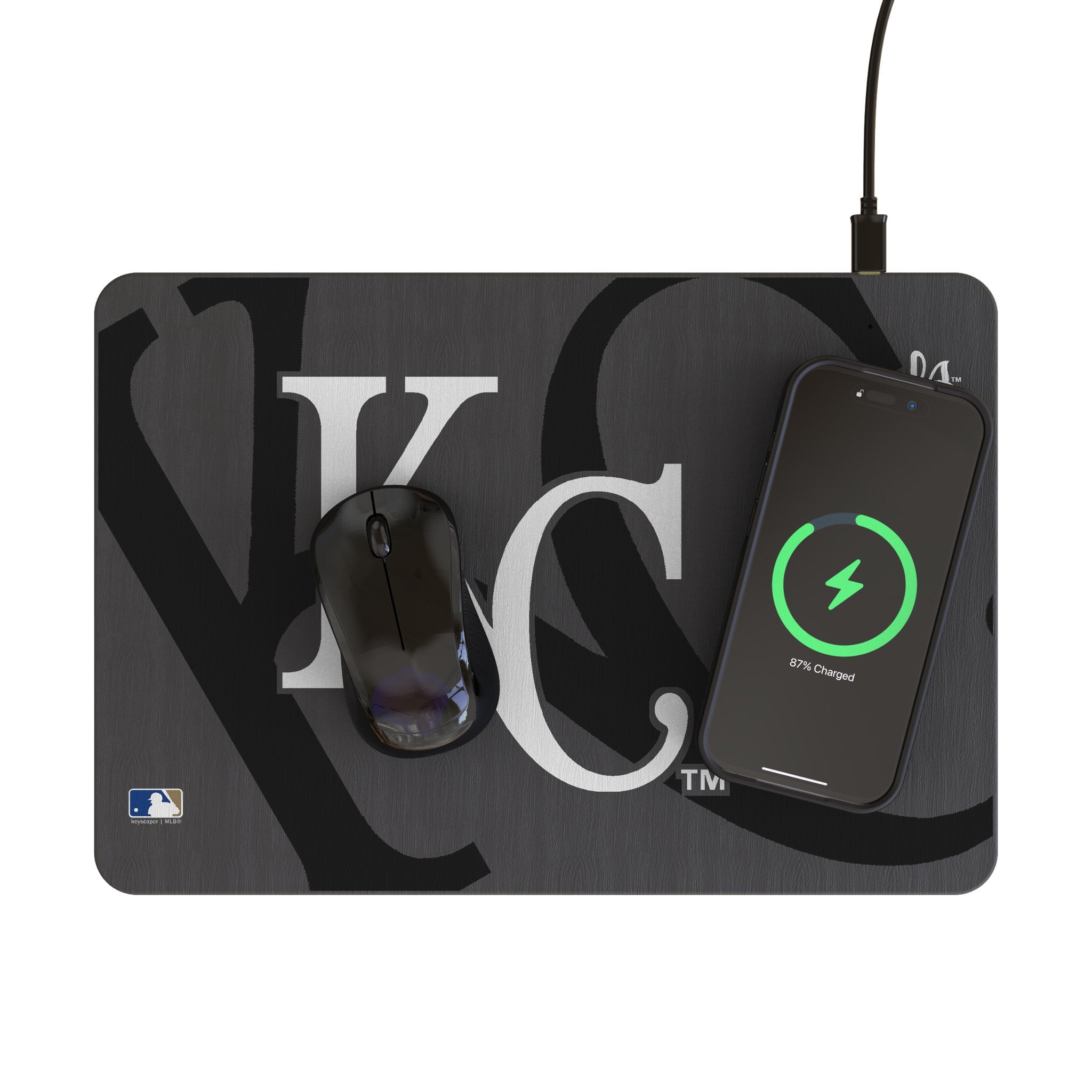 Kansas City Royals Monocolor Tilt 15-Watt Wireless Charger and Mouse Pad Lifestyle.Jpg
