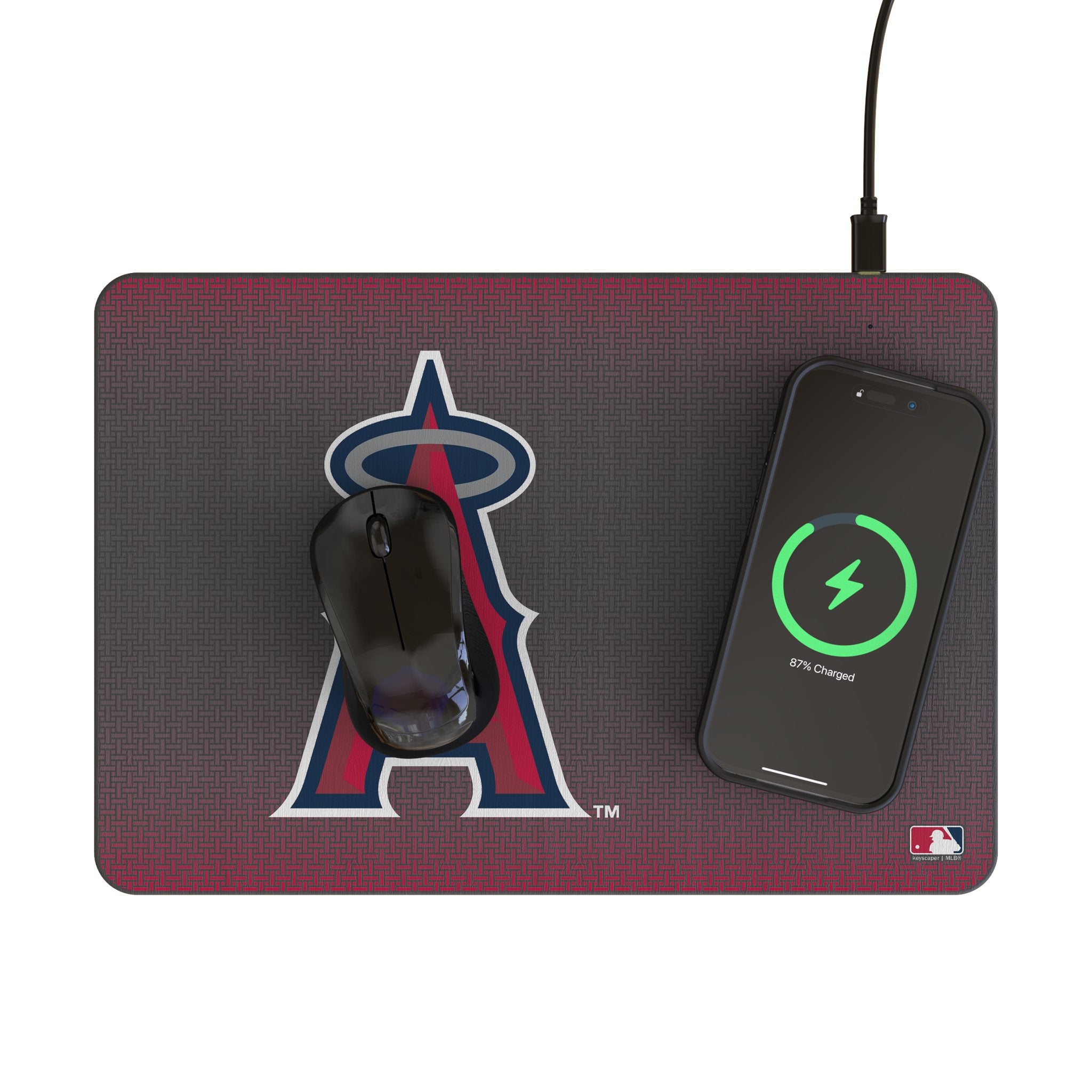 Los Angeles Angels Linen 15-Watt Wireless Charger and Mouse Pad Lifestyle.Jpg