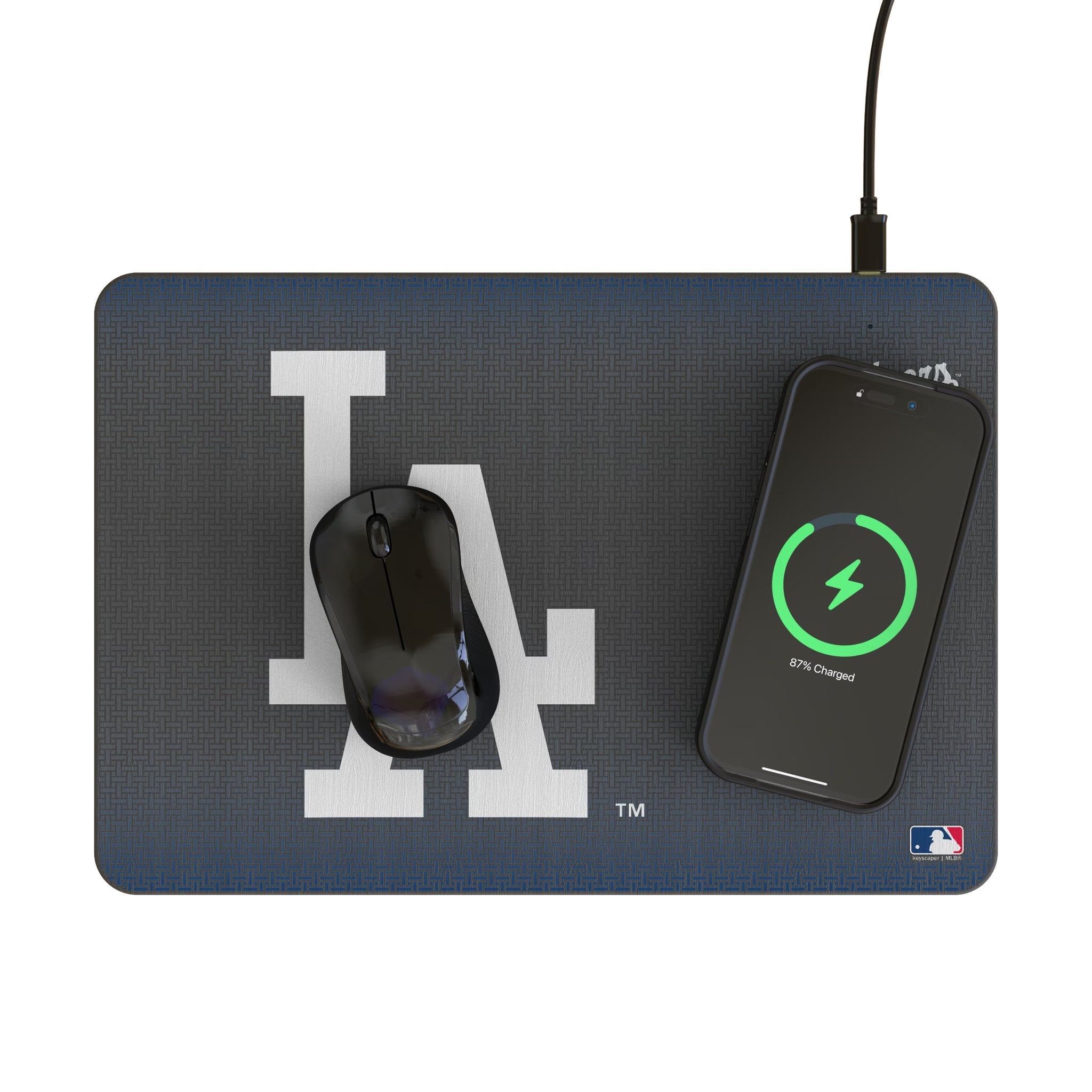 LA Dodgers Linen 15-Watt Wireless Charger and Mouse Pad Lifestyle.Jpg