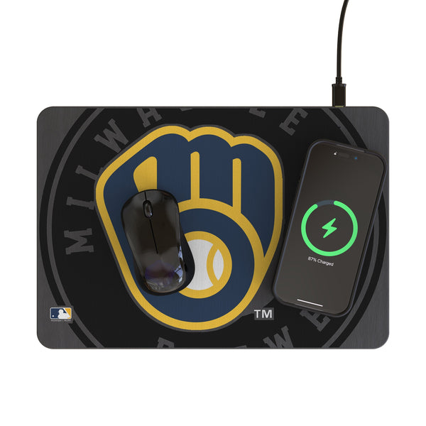 Milwaukee Brewers Monocolor Tilt 15-Watt Wireless Charger and Mouse Pad Lifestyle.Jpg