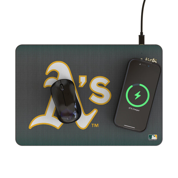 Oakland Athletics Linen 15-Watt Wireless Charger and Mouse Pad Lifestyle.Jpg