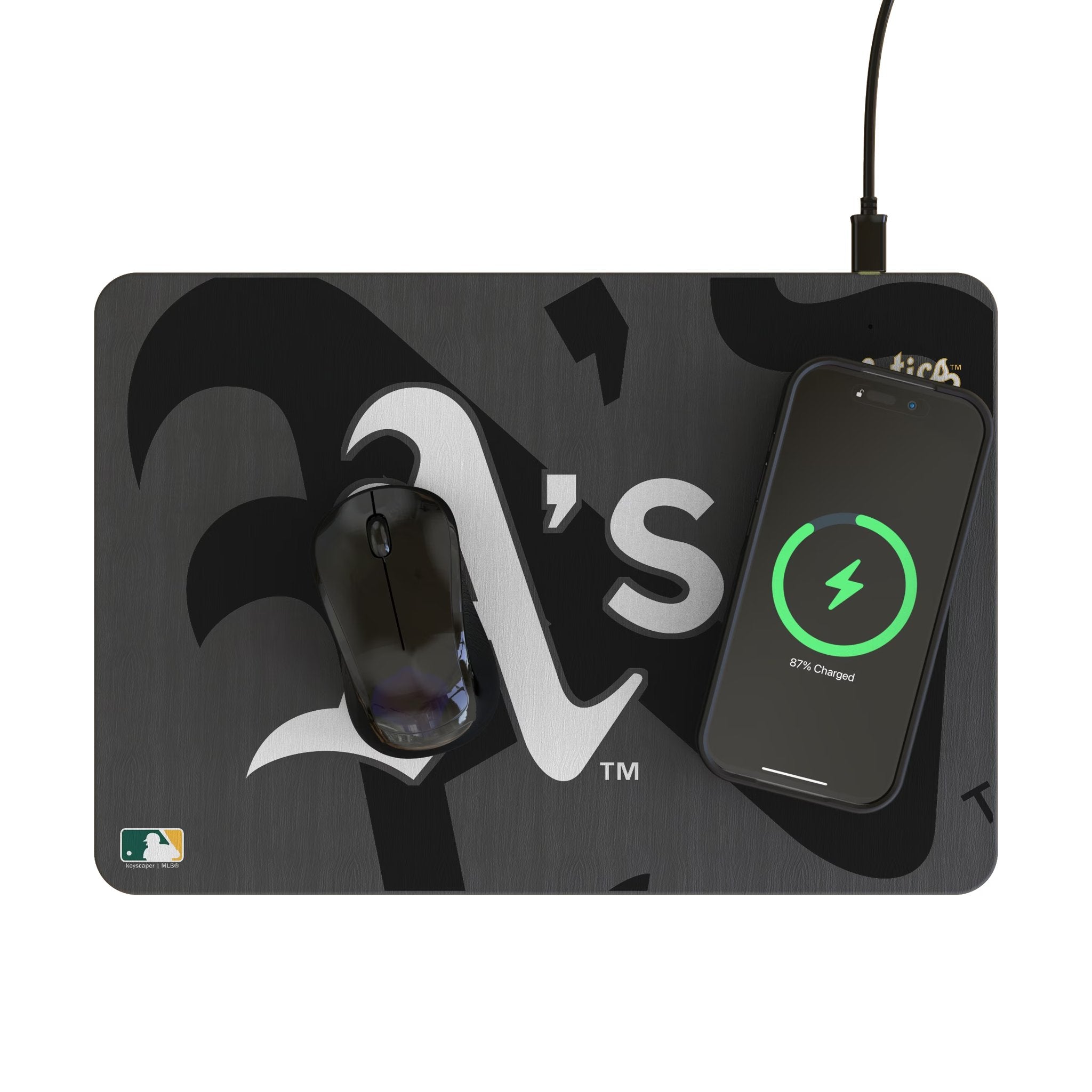 Oakland Athletics Monocolor Tilt 15-Watt Wireless Charger and Mouse Pad Lifestyle.Jpg