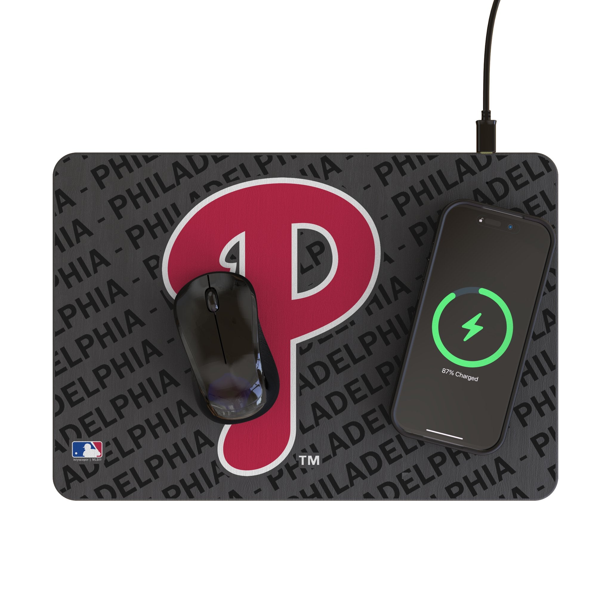 Philadelphia Phillies Monocolor Tilt 15-Watt Wireless Charger and Mouse Pad Lifestyle.Jpg