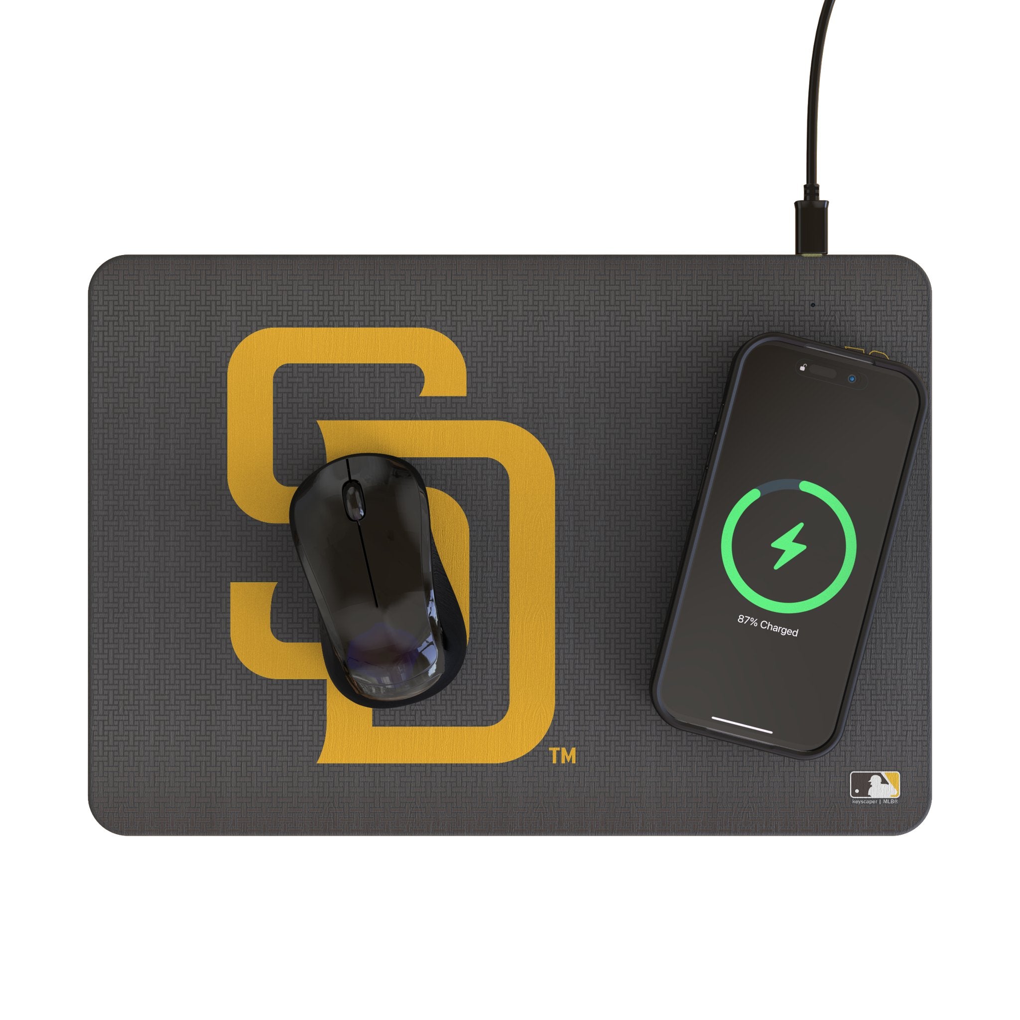 San Diego Padres Linen 15-Watt Wireless Charger and Mouse Pad Lifestyle.Jpg