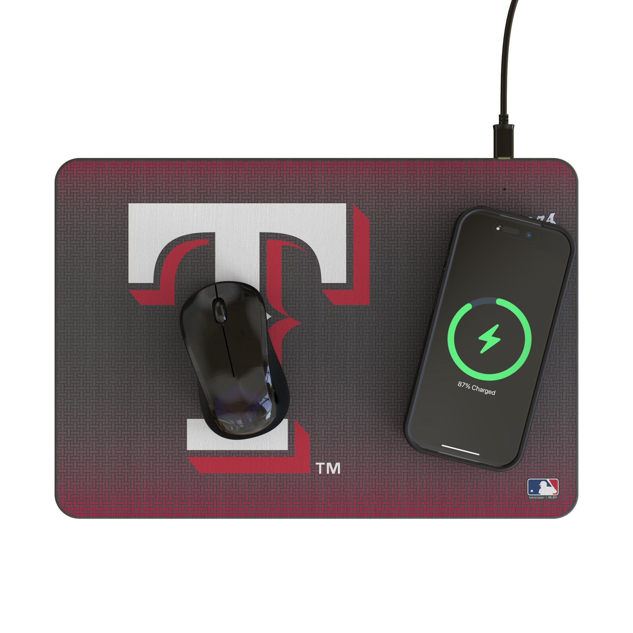 Texas Rangers Linen 15-Watt Wireless Charger and Mouse Pad Lifestyle.Jpg