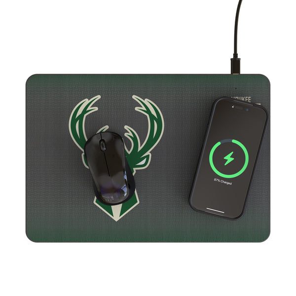 Milwaukee Bucks Linen 15-Watt Wireless Charger and Mouse Pad Lifestyle.Jpg