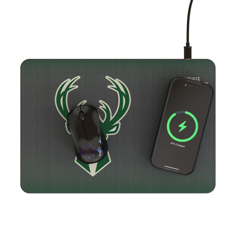 Milwaukee Bucks Linen 15-Watt Wireless Charger and Mouse Pad Lifestyle.Jpg