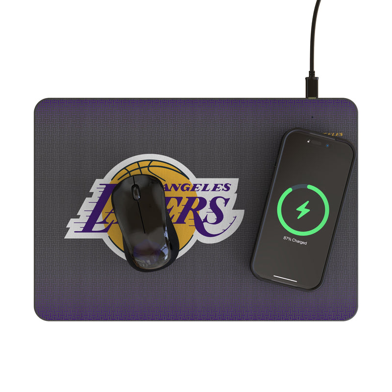 Los Angeles Lakers Linen 15-Watt Wireless Charger and Mouse Pad Lifestyle.Jpg