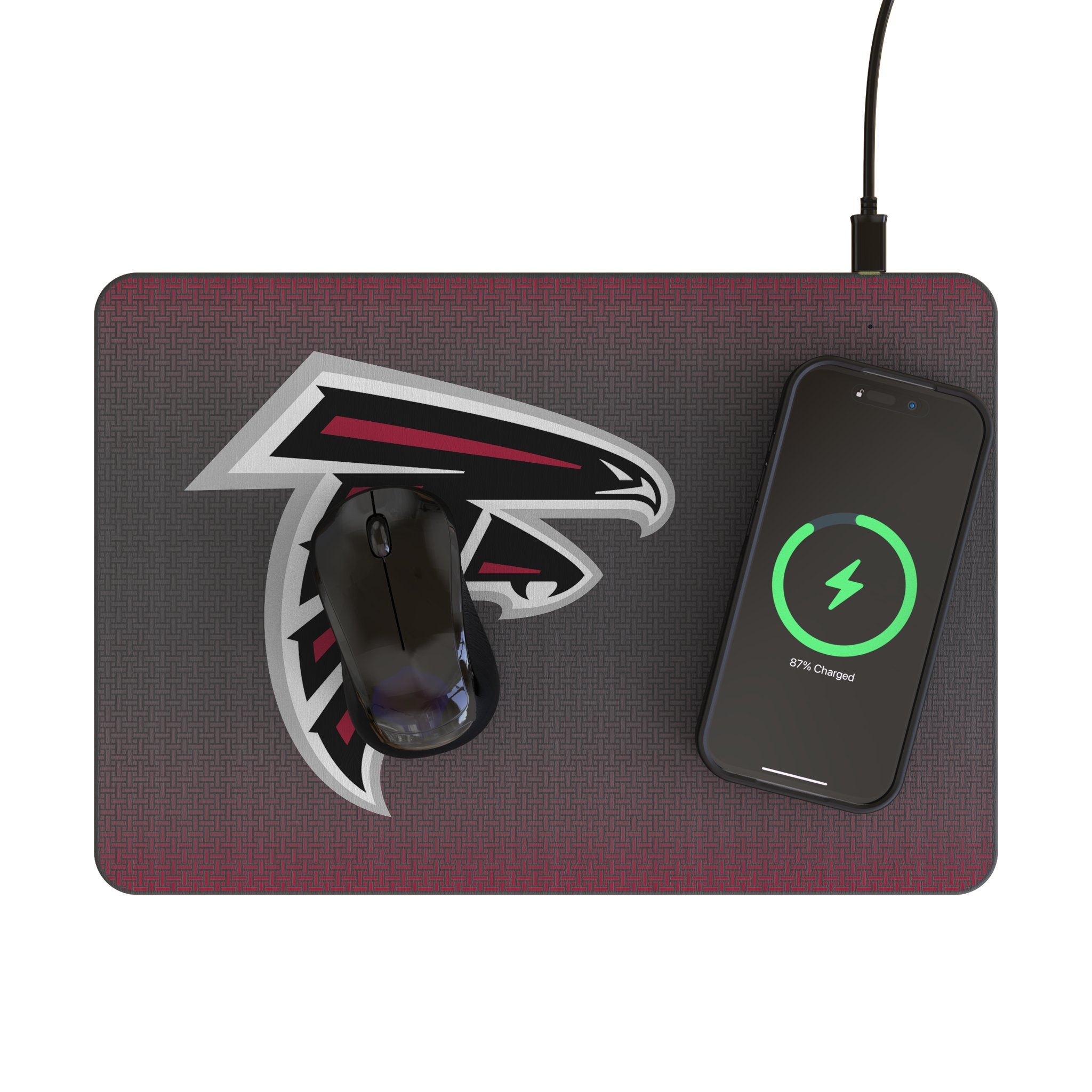Atlanta Falcons Linen 15-Watt Wireless Charger and Mouse Pad Lifestyle.Jpg