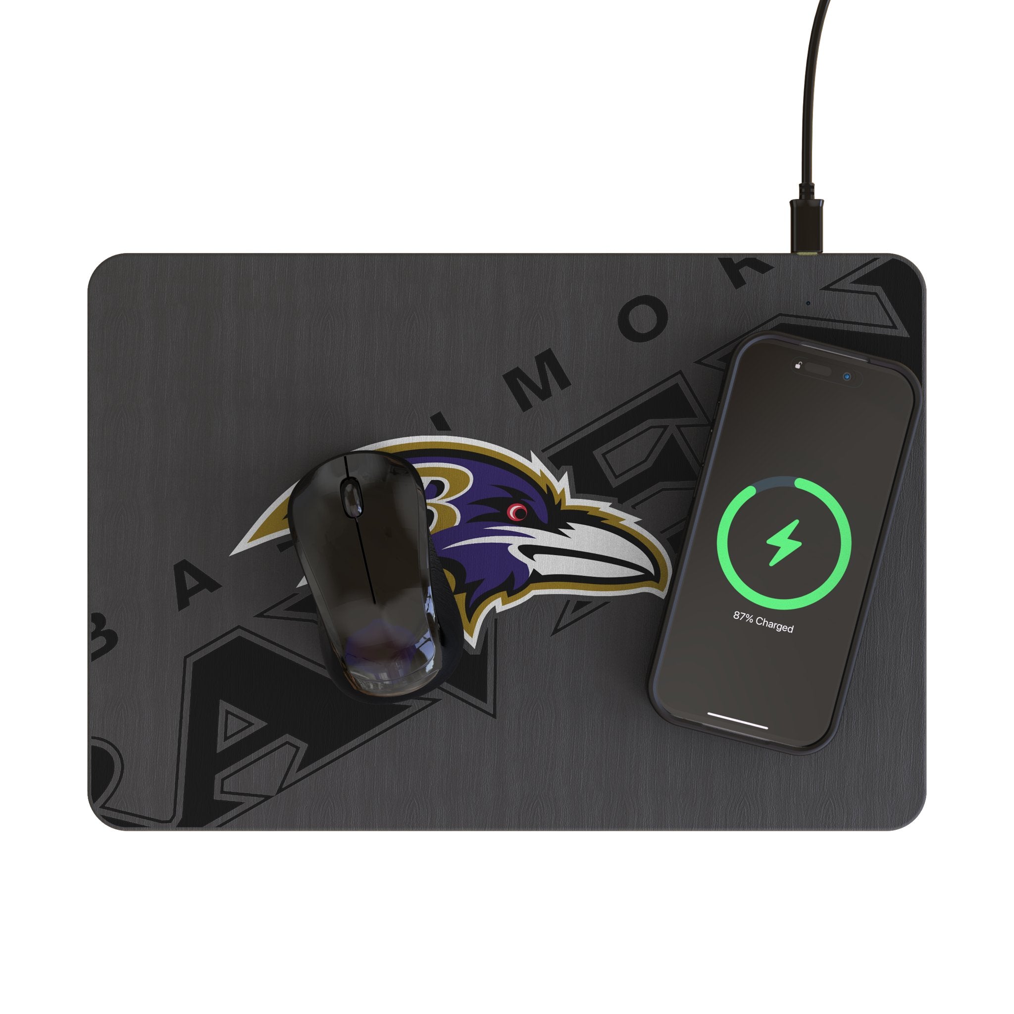Baltimore Ravens Monocolor Tilt 15-Watt Wireless Charger and Mouse Pad Lifestyle.Jpg