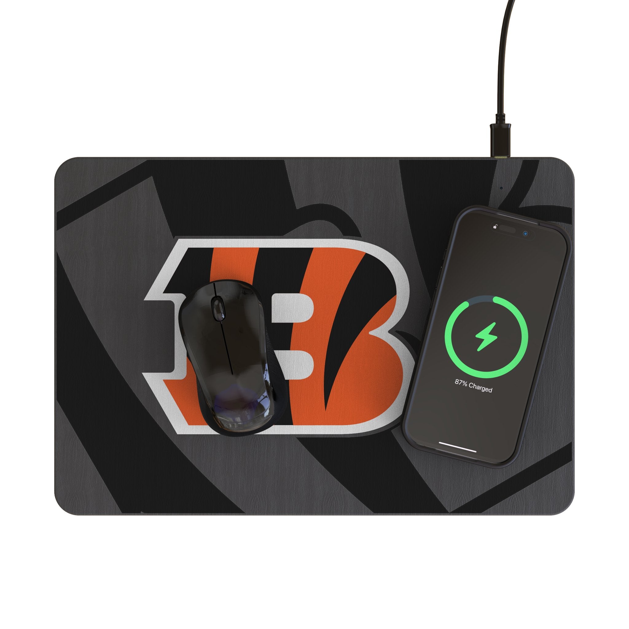 Cincinnati Bengals Monocolor Tilt 15-Watt Wireless Charger and Mouse Pad Lifestyle.Jpg