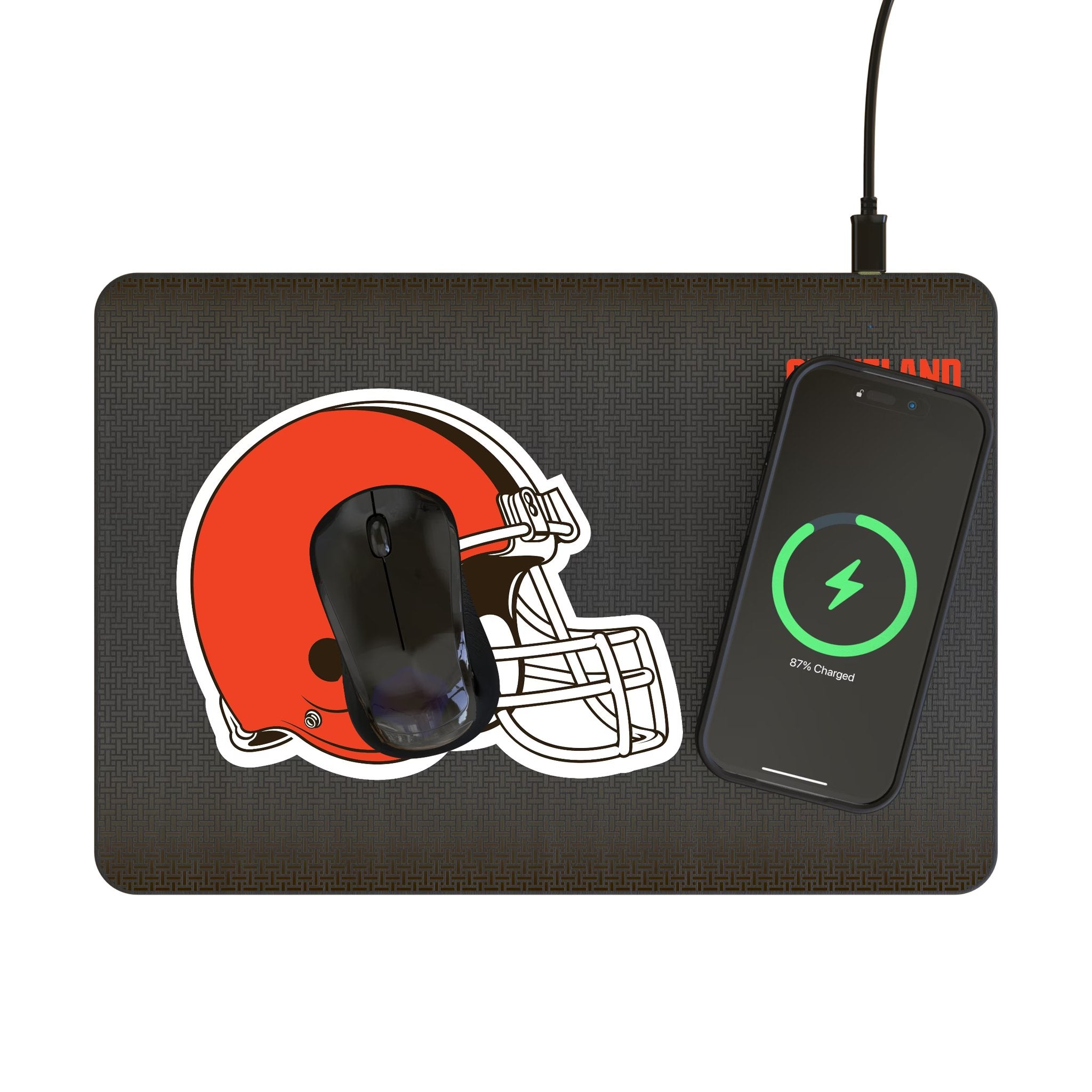 Cleveland Browns Linen 15-Watt Wireless Charger and Mouse Pad Lifestyle.Jpg