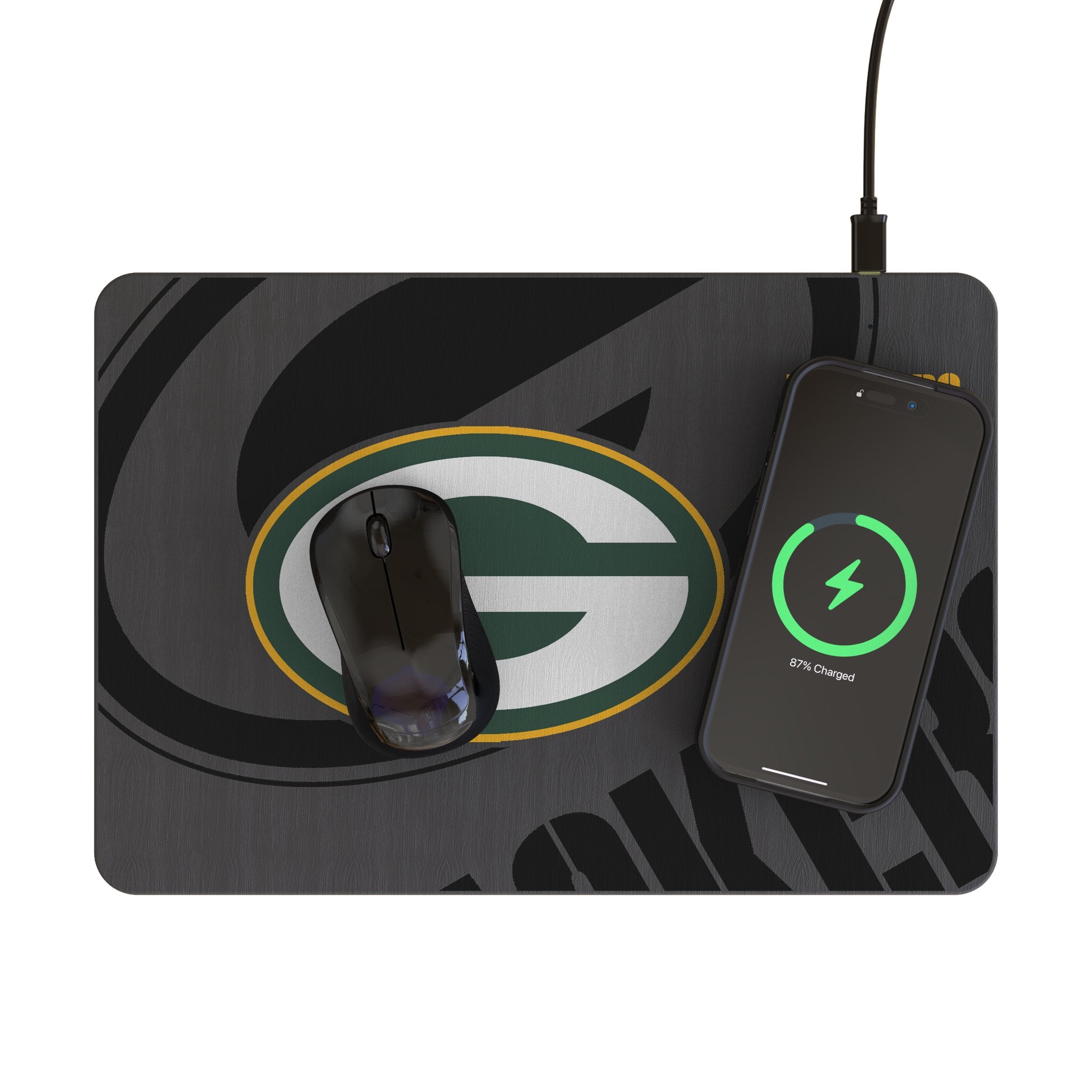 Green Bay Packers Monocolor Tilt 15-Watt Wireless Charger and Mouse Pad Lifestyle.Jpg