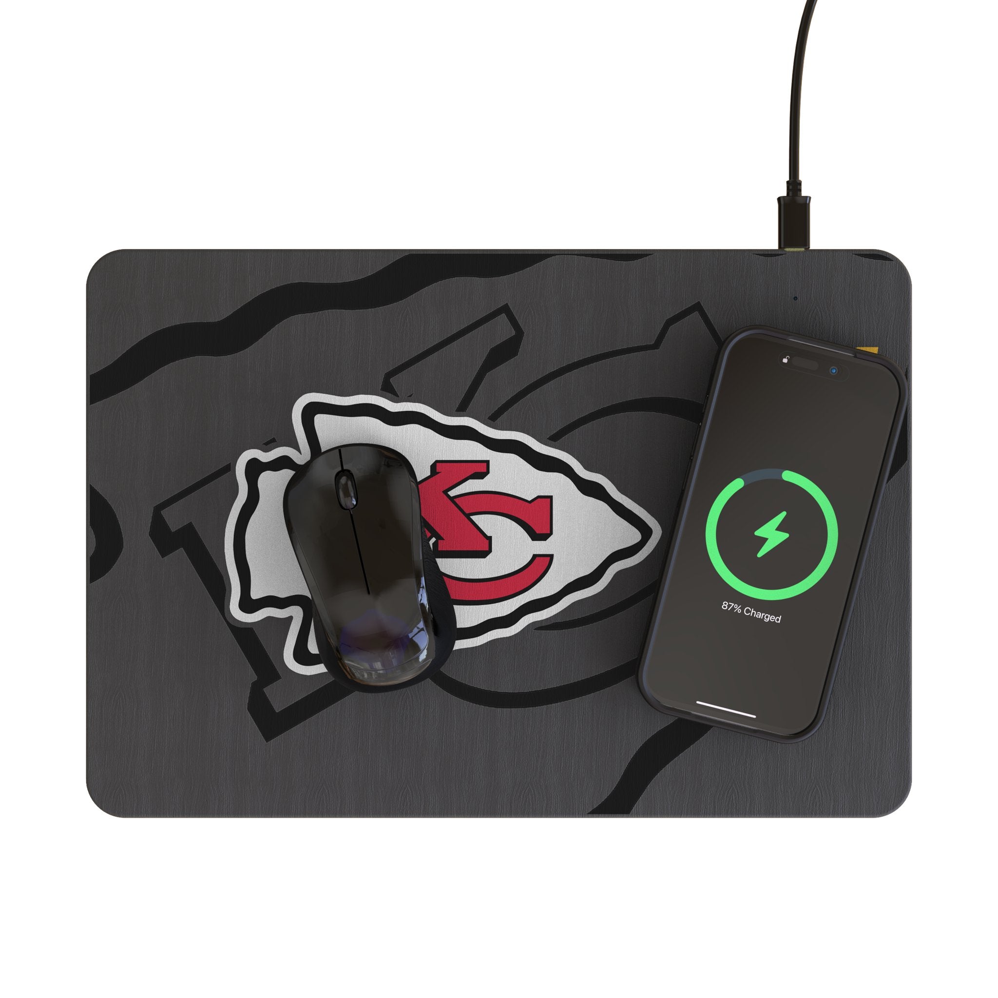 Kansas City Chiefs Monocolor Tilt 15-Watt Wireless Charger and Mouse Pad Lifestyle.Jpg