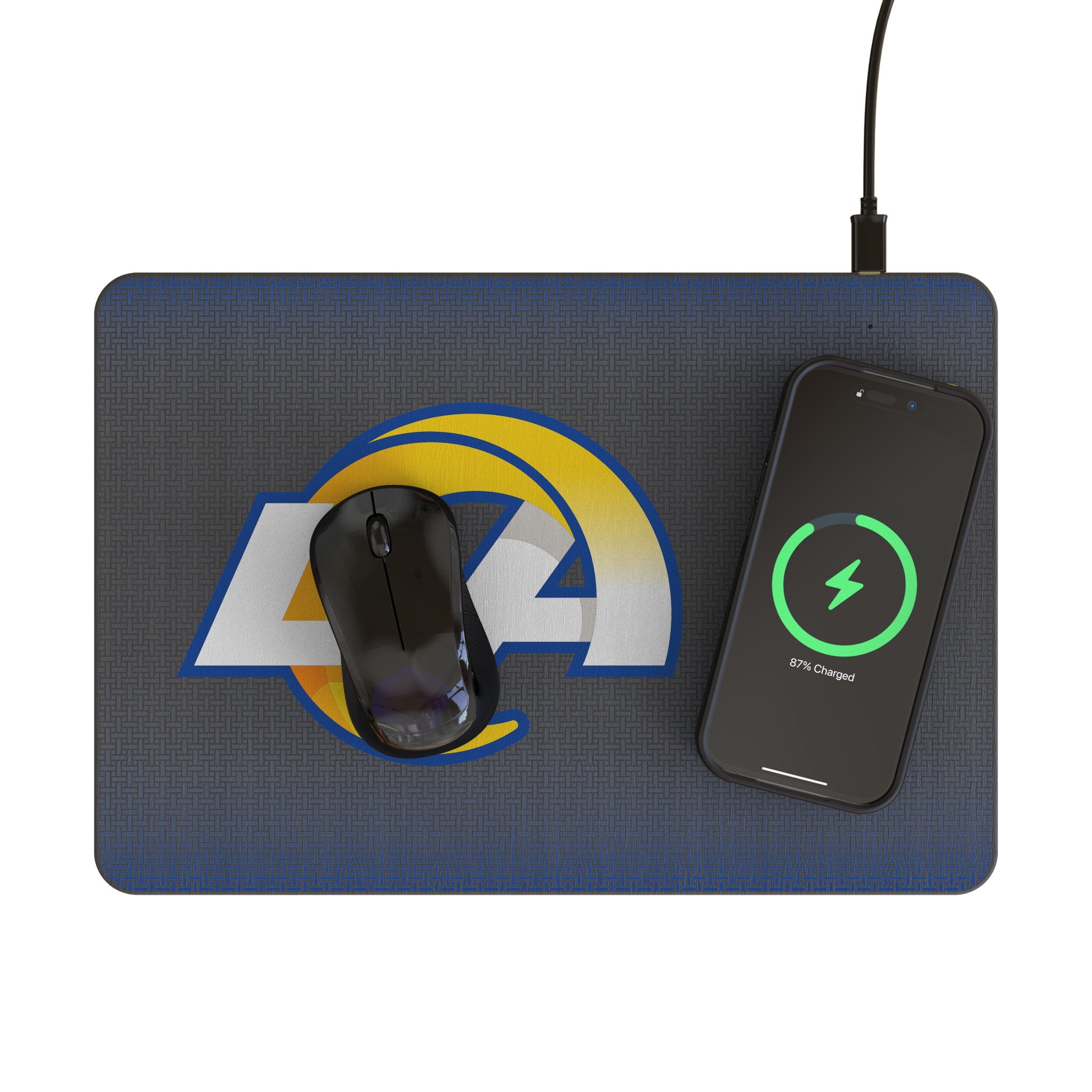 Los Angeles Rams Linen 15-Watt Wireless Charger and Mouse Pad Lifestyle.Jpg