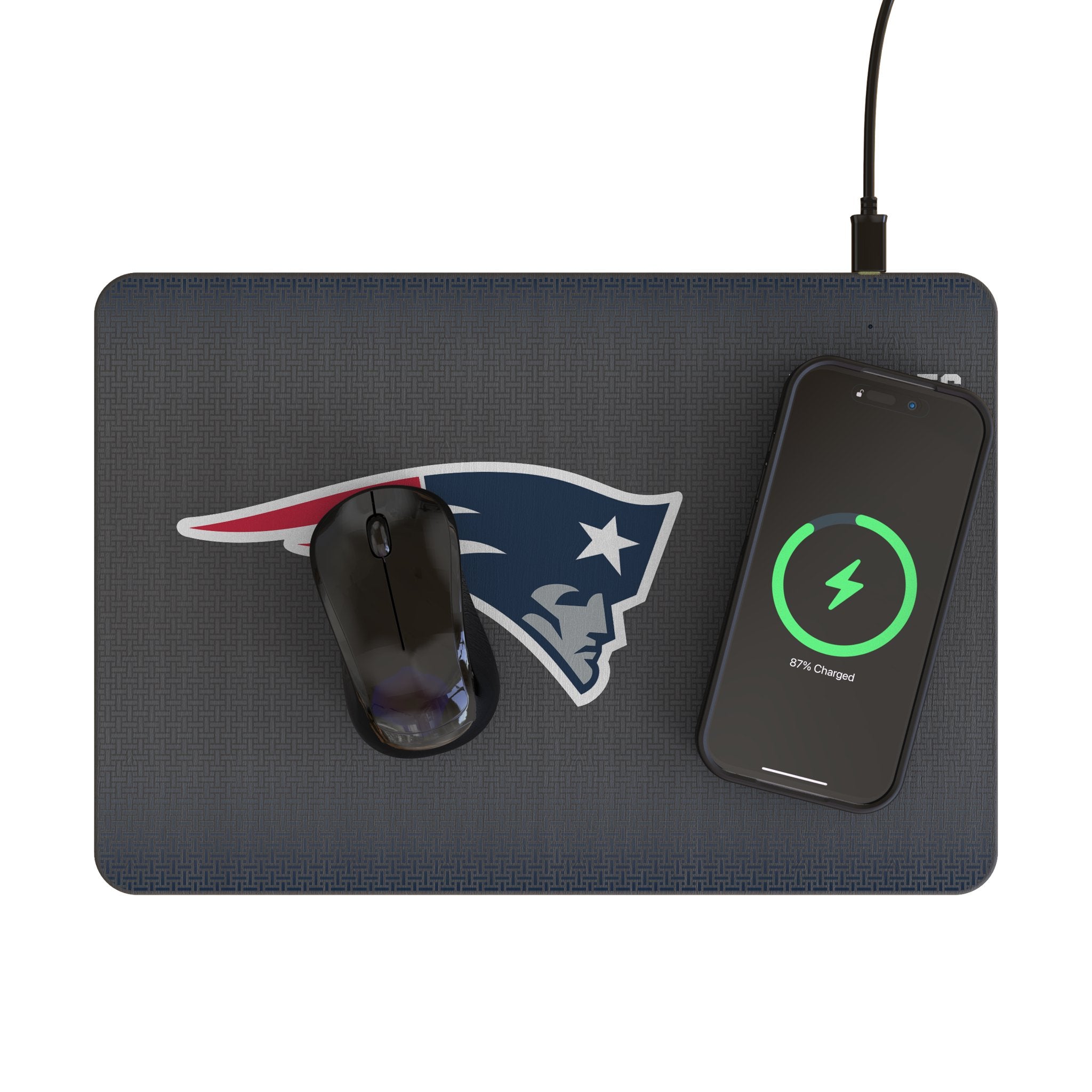 New England Patriots Linen 15-Watt Wireless Charger and Mouse Pad Lifestyle.Jpg