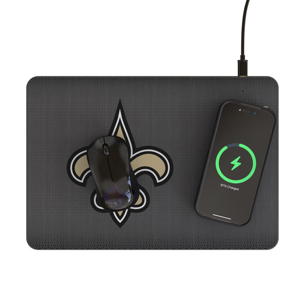 New Orleans Saints Linen 15-Watt Wireless Charger and Mouse Pad Lifestyle.Jpg