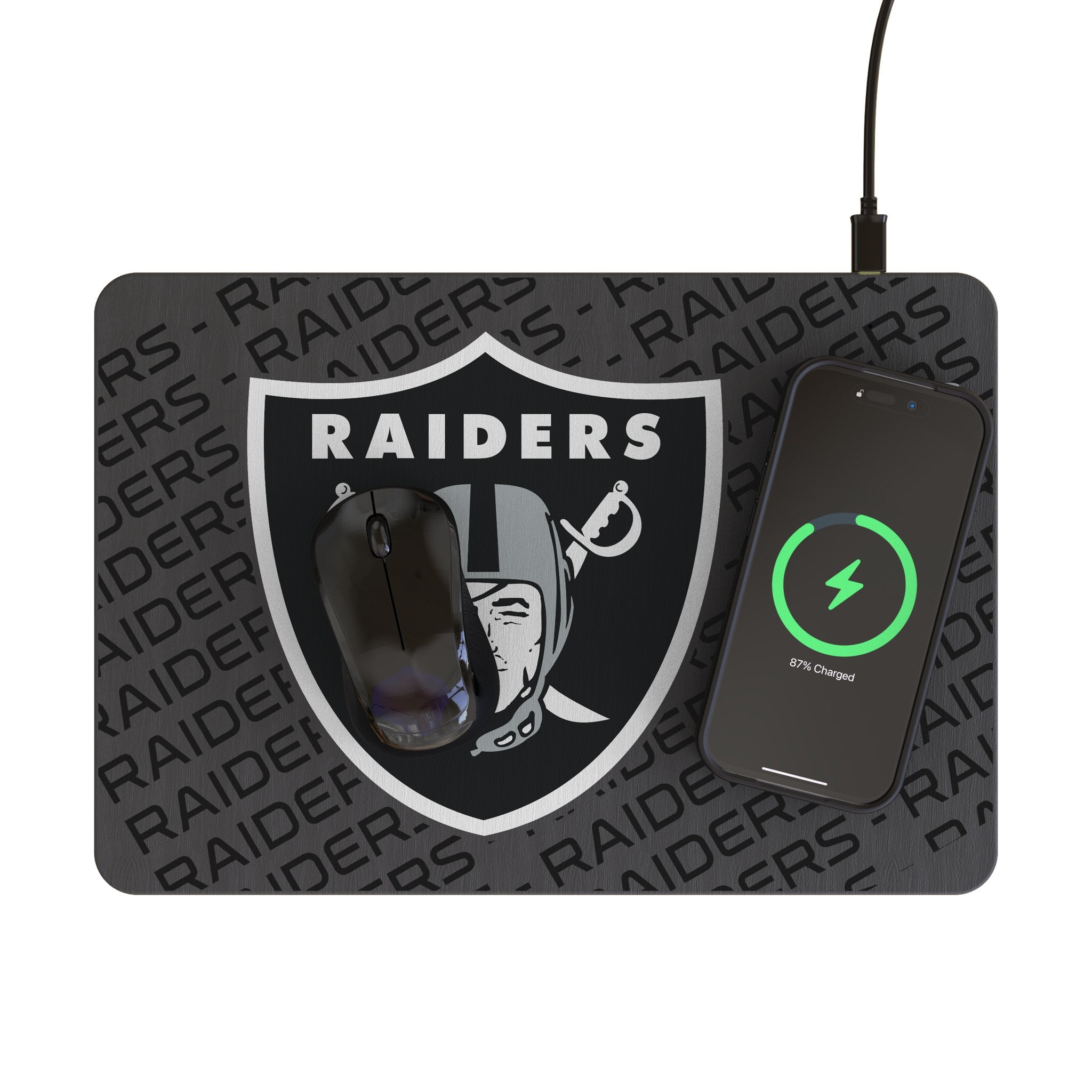 Las Vegas Raiders Monocolor Tilt 15-Watt Wireless Charger and Mouse Pad Lifestyle.Jpg