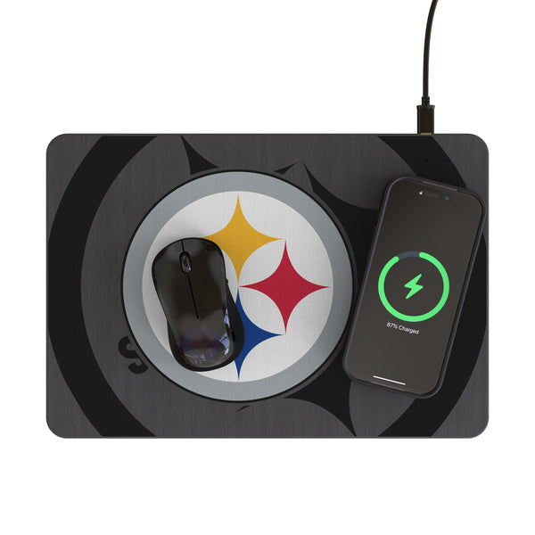Pittsburgh Steelers Monocolor Tilt 15-Watt Wireless Charger and Mouse Pad Lifestyle.Jpg
