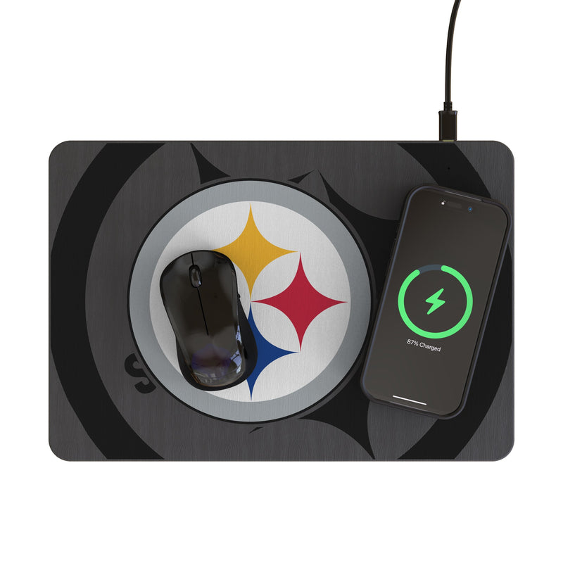 Pittsburgh Steelers Monocolor Tilt 15-Watt Wireless Charger and Mouse Pad Lifestyle.Jpg