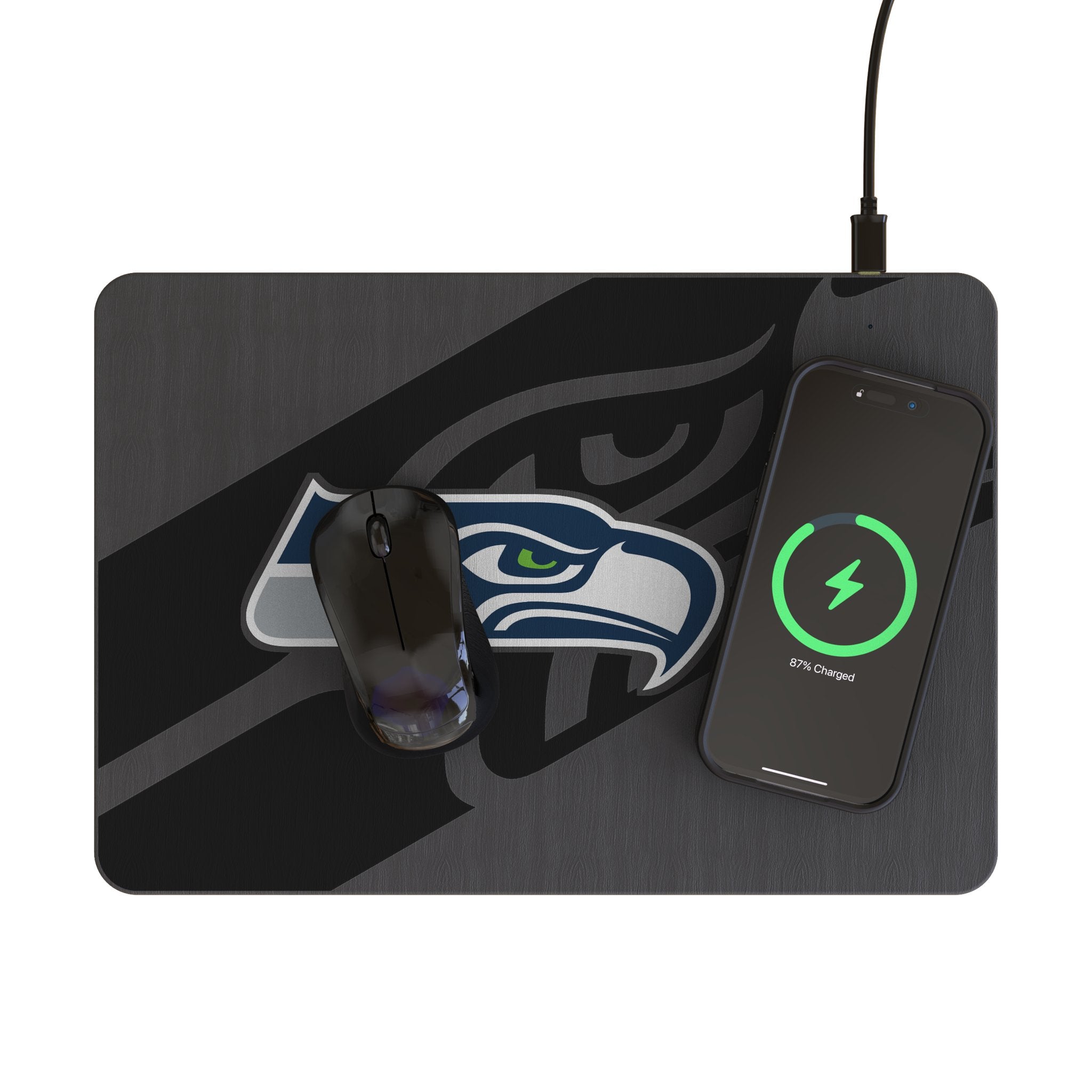 Seattle Seahawks Monocolor Tilt 15-Watt Wireless Charger and Mouse Pad Lifestyle.Jpg