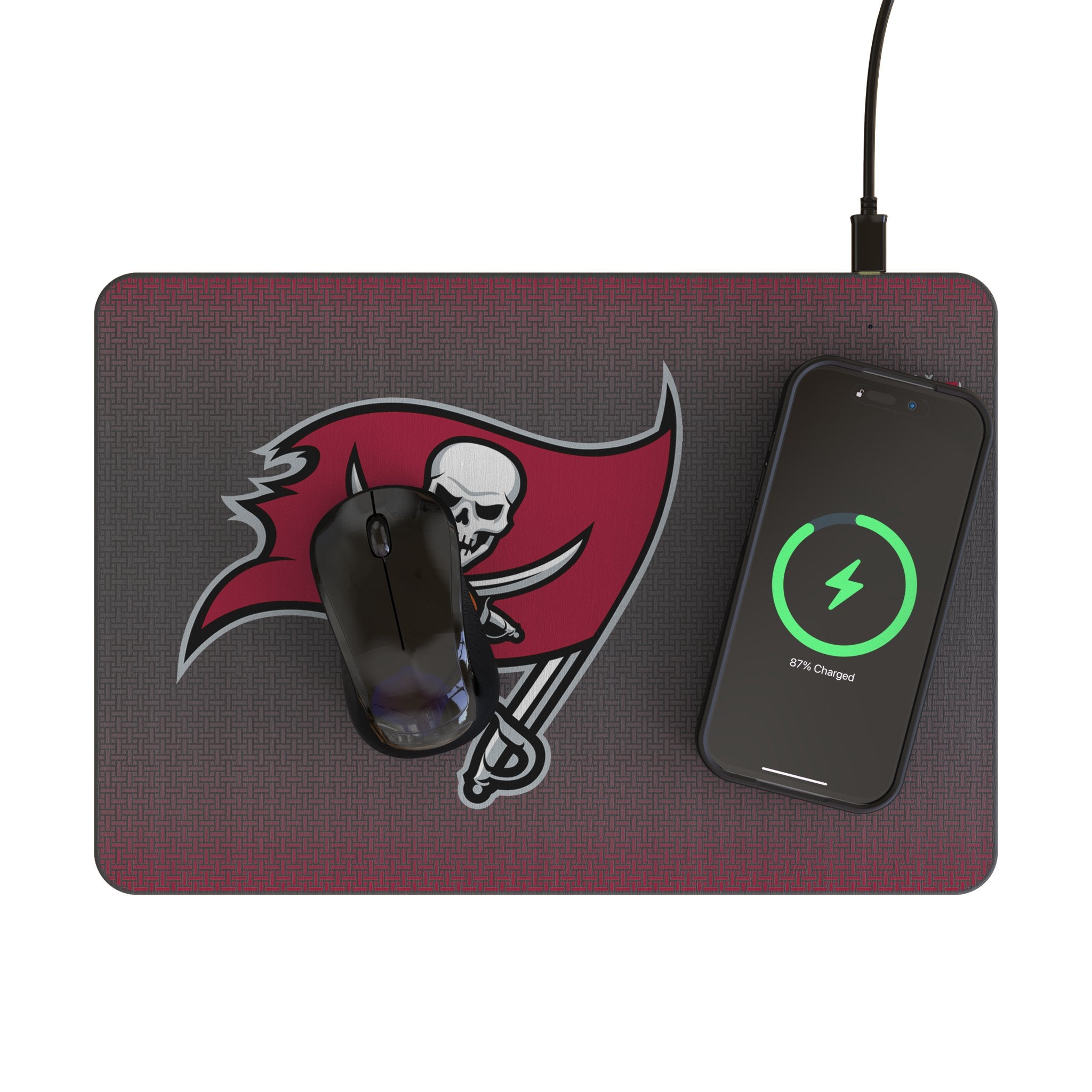 Tampa Bay Buccaneers Linen 15-Watt Wireless Charger and Mouse Pad Lifestyle.Jpg