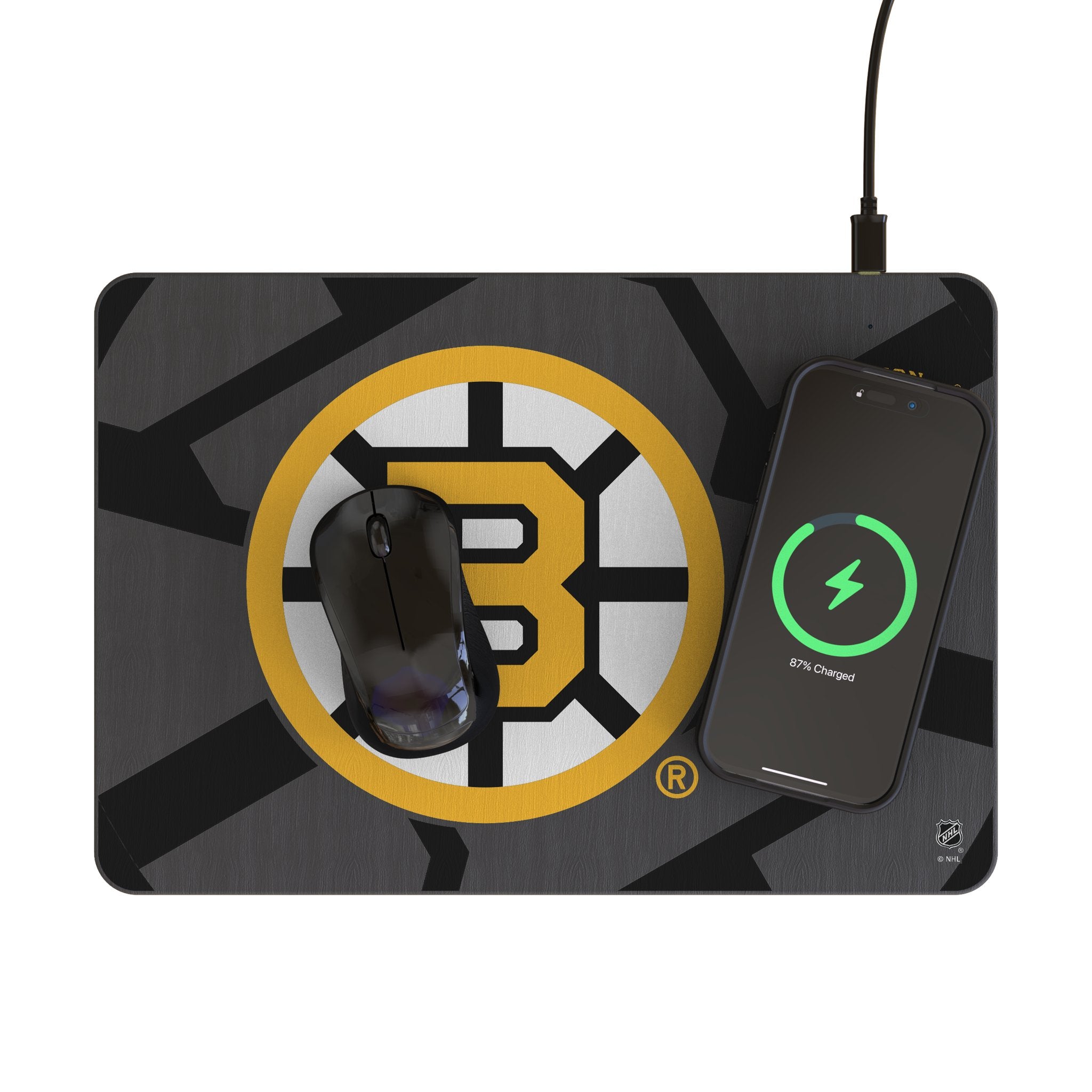 Boston Bruins Monocolor Tilt 15-Watt Wireless Charger and Mouse Pad Lifestyle.Jpg