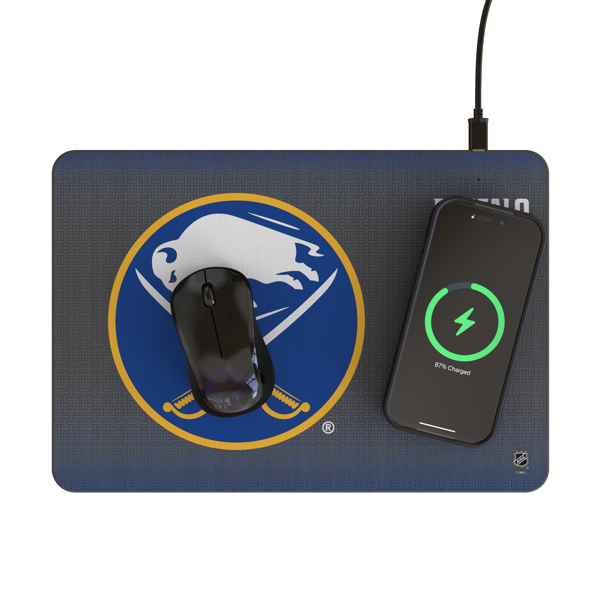 Buffalo Sabres Linen 15-Watt Wireless Charger and Mouse Pad Lifestyle.Jpg