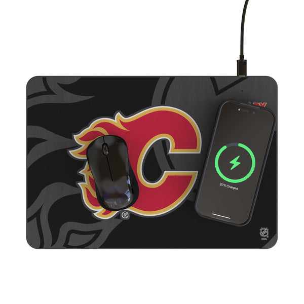 Calgary Flames Monocolor Tilt 15-Watt Wireless Charger and Mouse Pad Lifestyle.Jpg