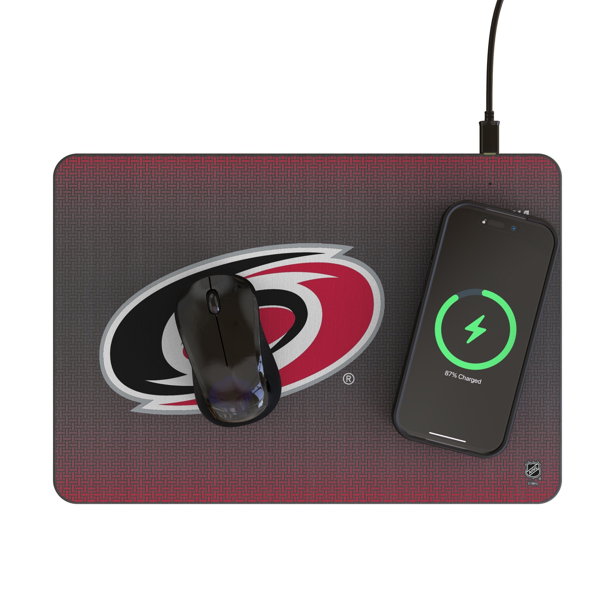Carolina Hurricanes Linen 15-Watt Wireless Charger and Mouse Pad Lifestyle.Jpg