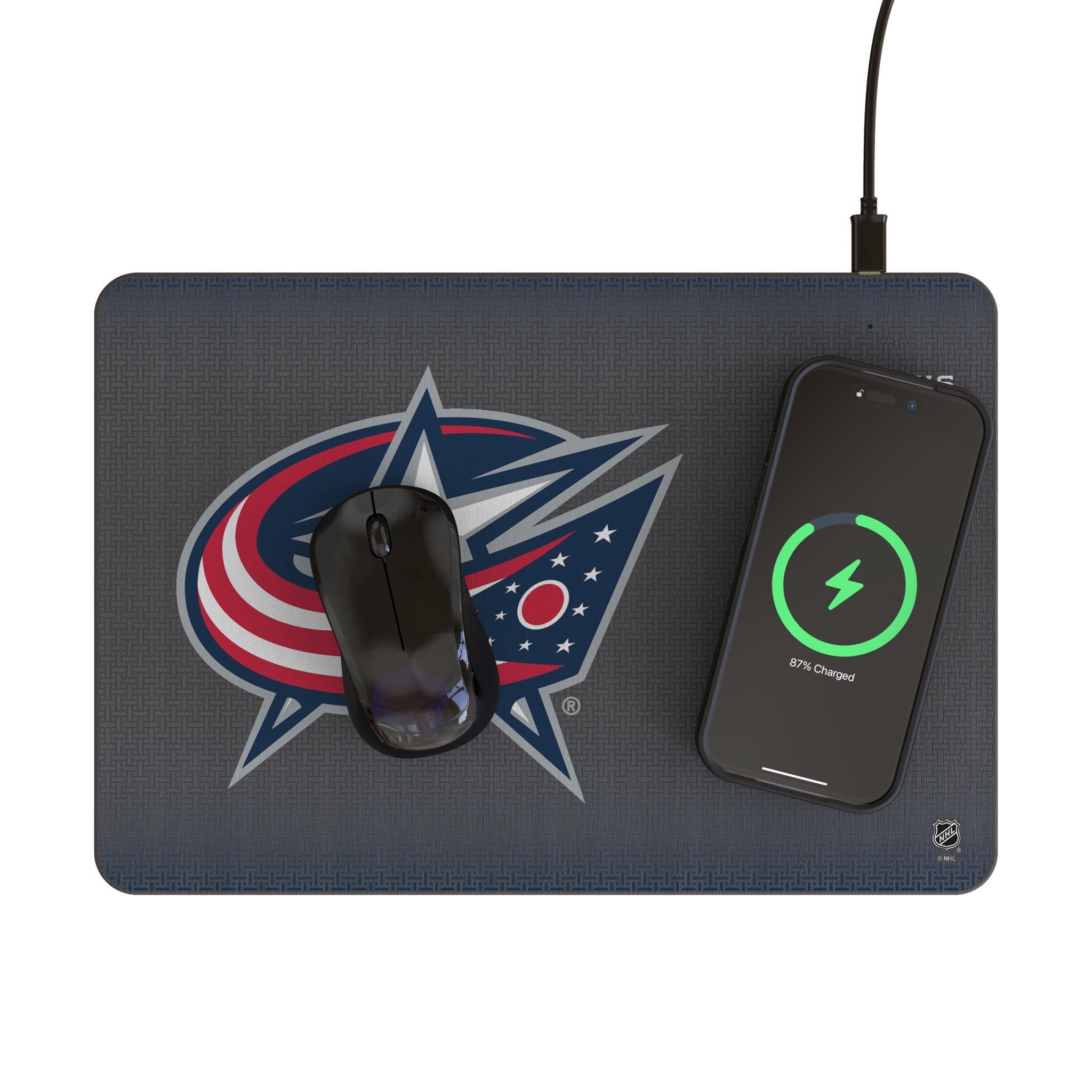 Columbus Blue Jackets Linen 15-Watt Wireless Charger and Mouse Pad Lifestyle.Jpg