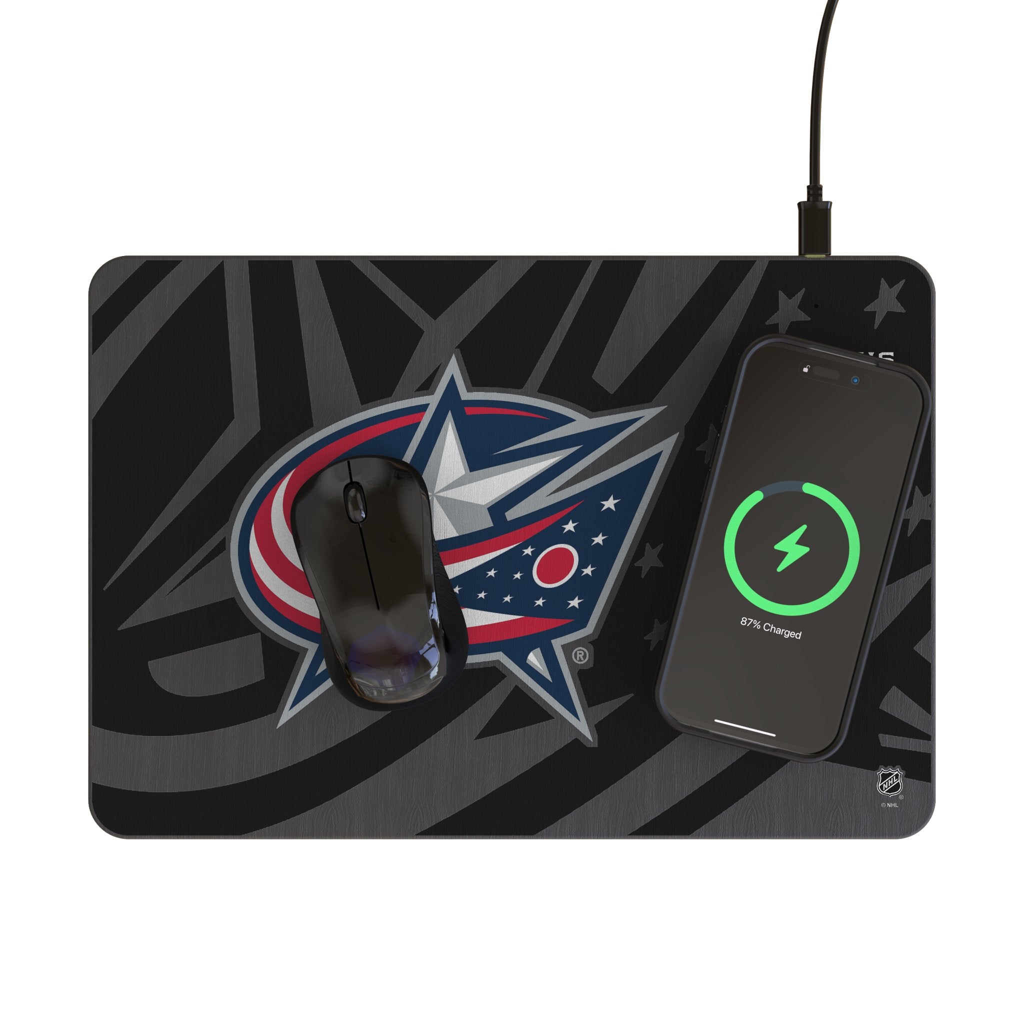 Columbus Blue Jackets Monocolor Tilt 15-Watt Wireless Charger and Mouse Pad Lifestyle.Jpg