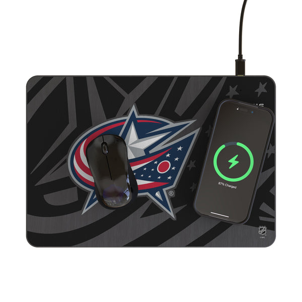 Columbus Blue Jackets Monocolor Tilt 15-Watt Wireless Charger and Mouse Pad Lifestyle.Jpg