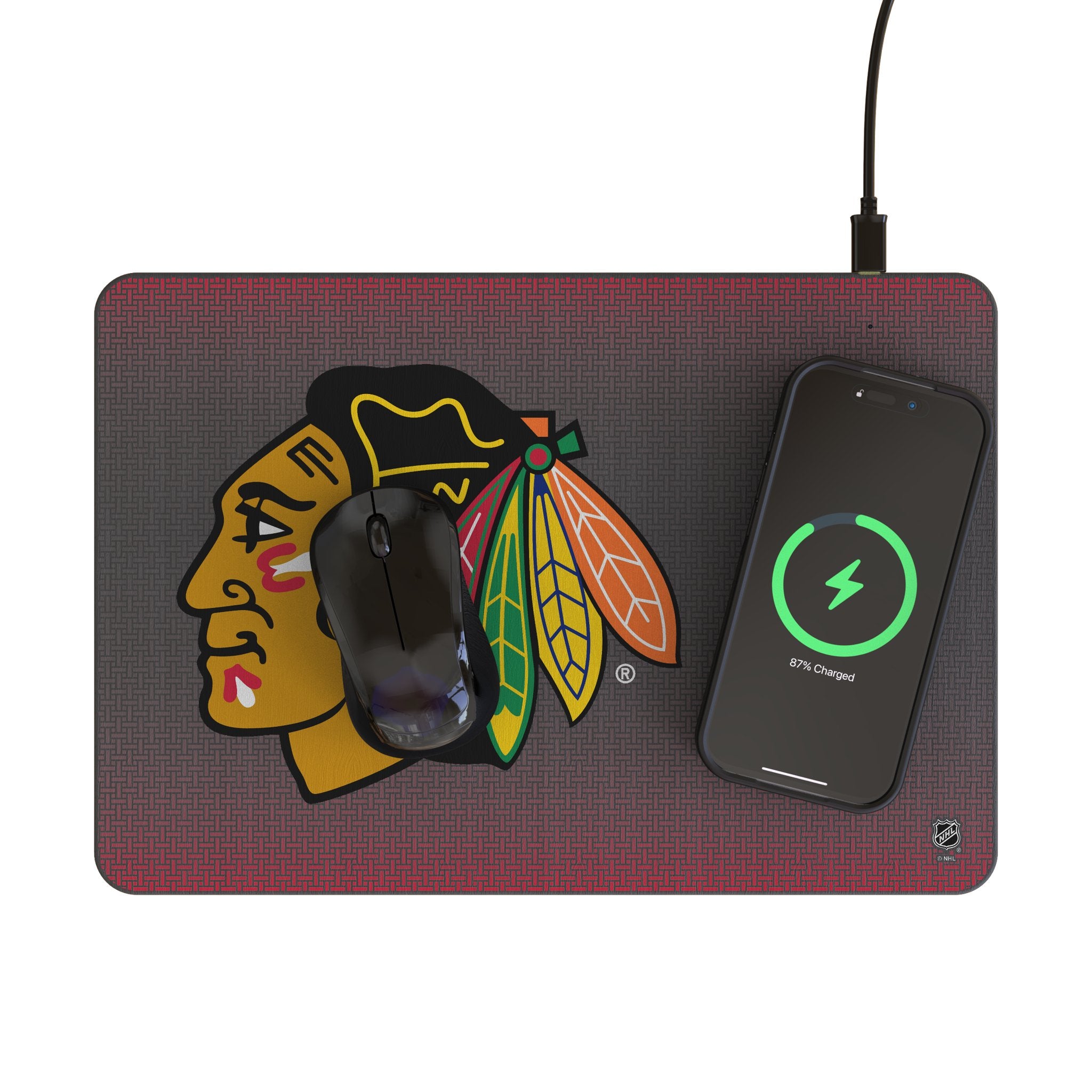 Chicago Blackhawks Linen 15-Watt Wireless Charger and Mouse Pad Lifestyle.Jpg