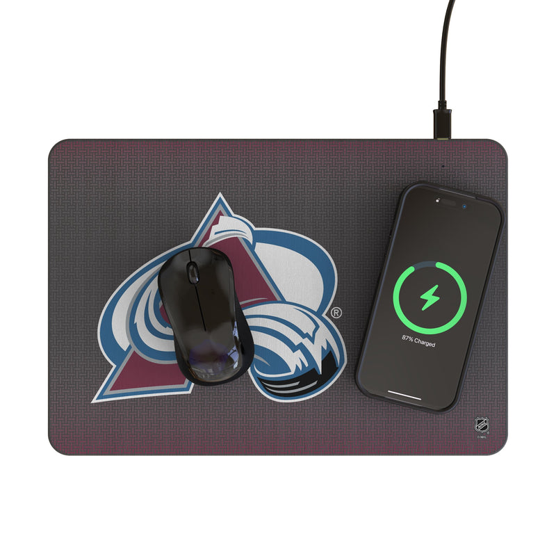 Colorado Avalanche Linen 15-Watt Wireless Charger and Mouse Pad Lifestyle.Jpg