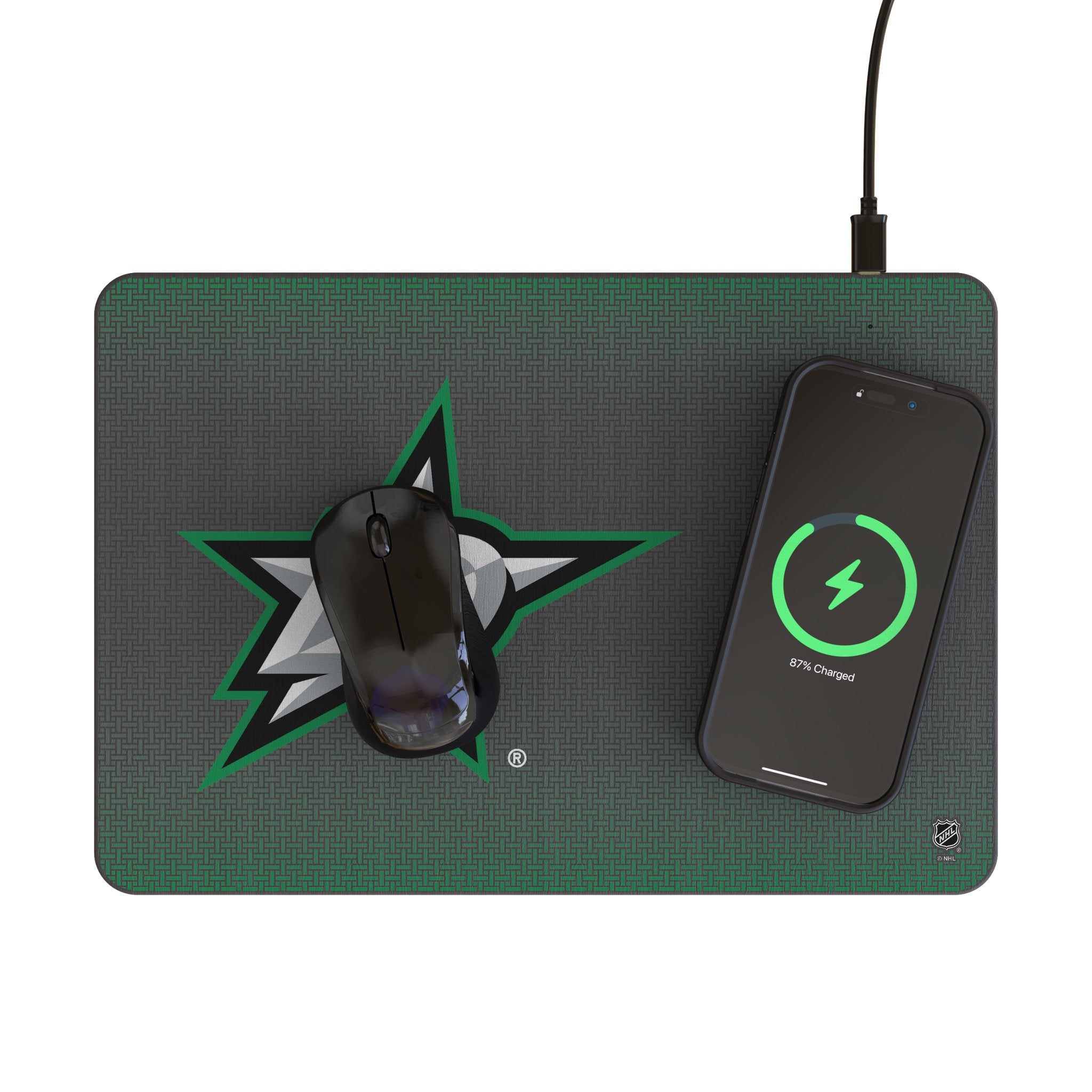 Dallas Stars Linen 15-Watt Wireless Charger and Mouse Pad Lifestyle.Jpg
