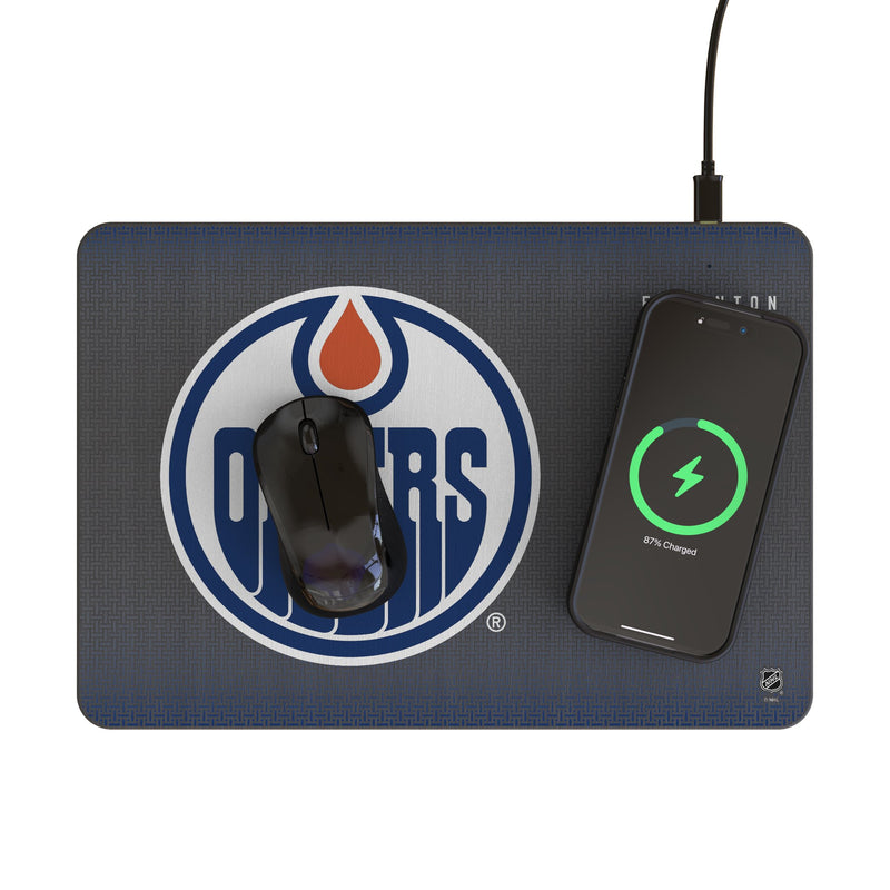 Edmonton Oilers Linen 15-Watt Wireless Charger and Mouse Pad Lifestyle.Jpg