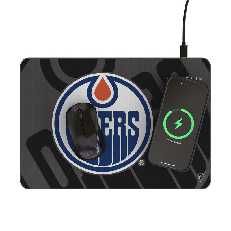 Edmonton Oilers Monocolor Tilt 15-Watt Wireless Charger and Mouse Pad Lifestyle.Jpg