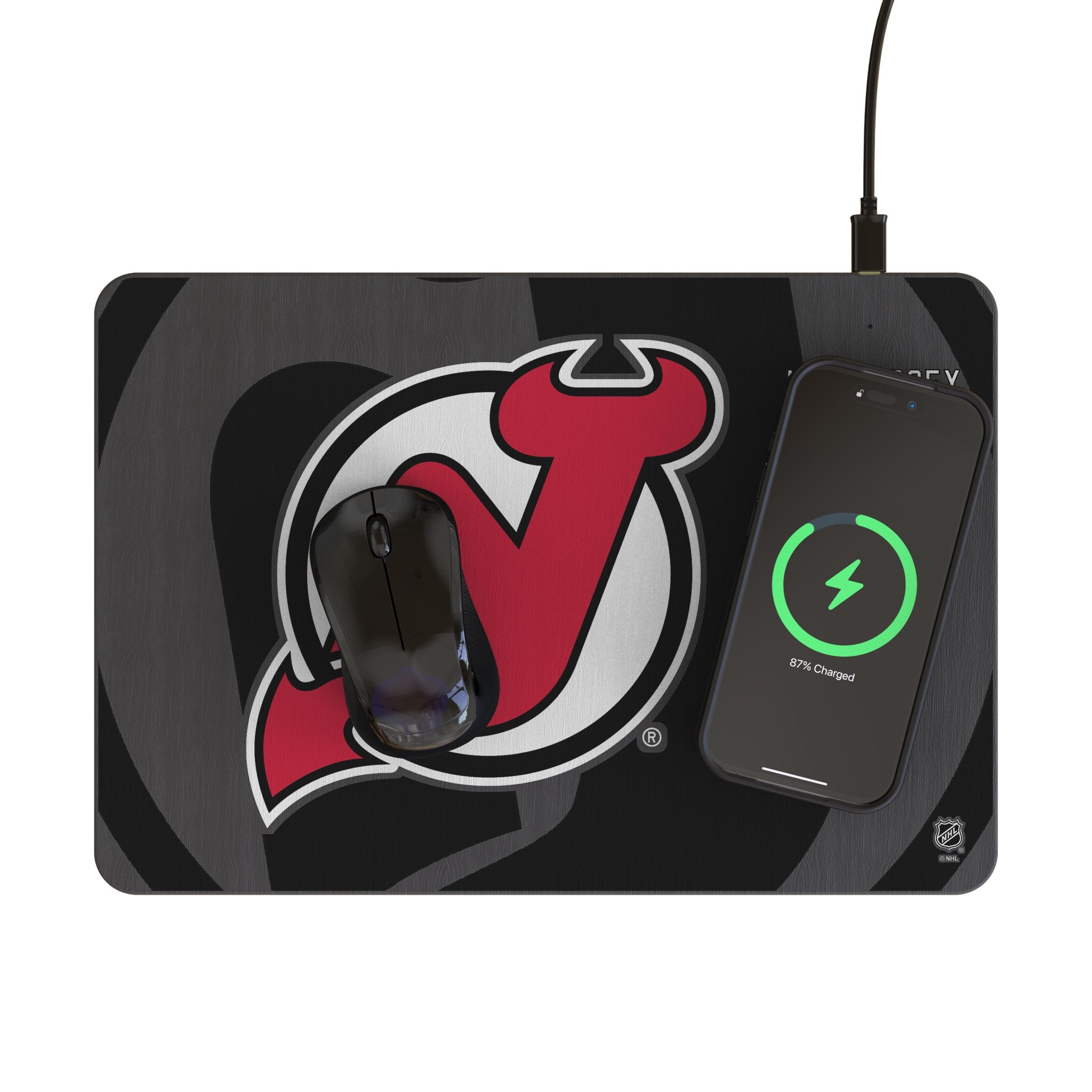 New Jersey Devils Monocolor Tilt 15-Watt Wireless Charger and Mouse Pad Lifestyle.Jpg