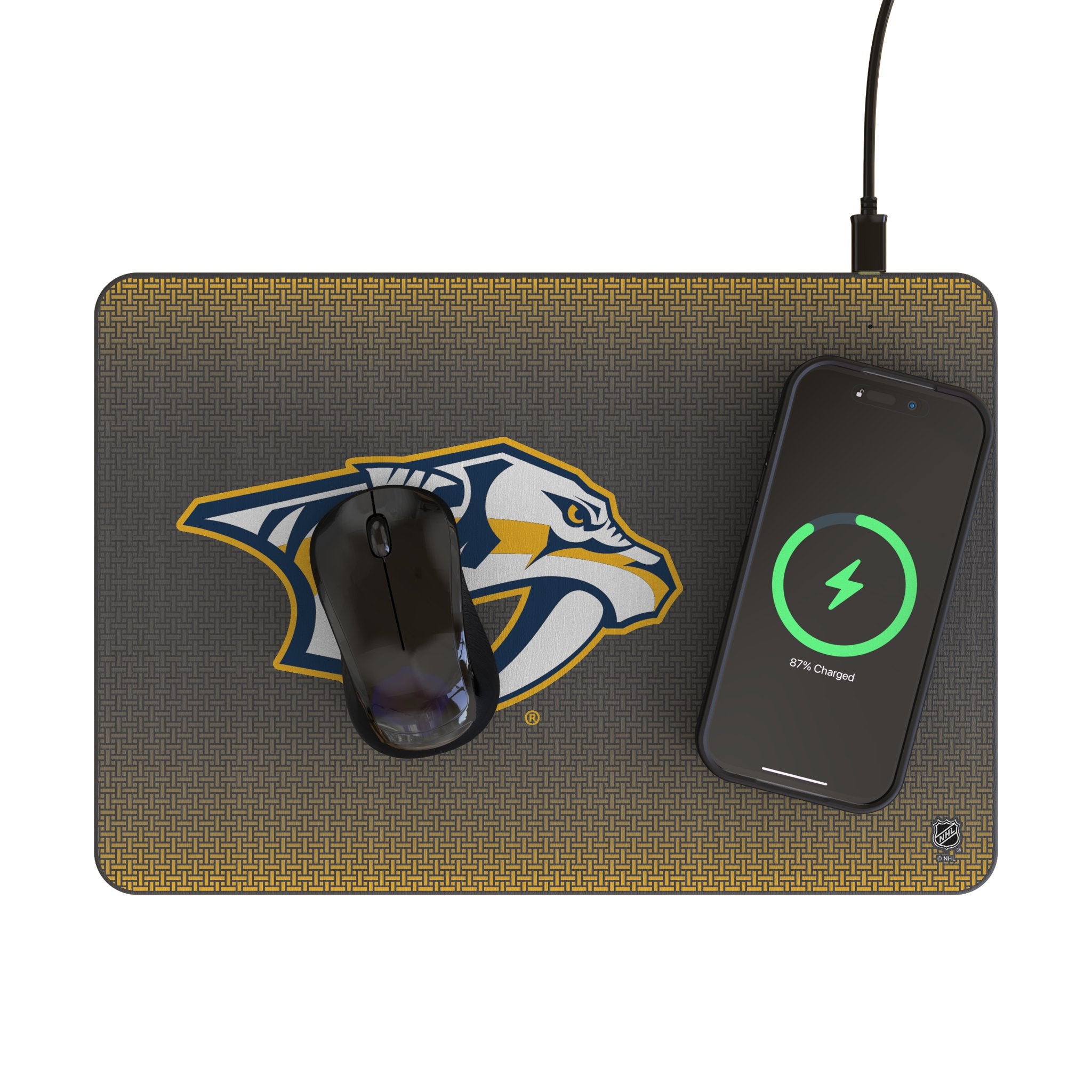 Nashville Predators Linen 15-Watt Wireless Charger and Mouse Pad Lifestyle.Jpg